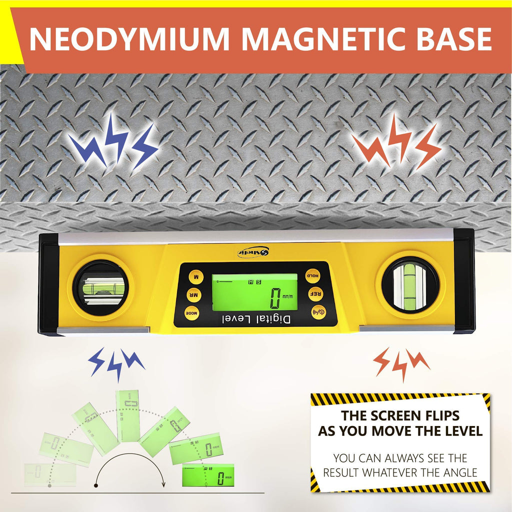 Shefio Digital Level - 10 Inch Torpedo Level And Protractor, Bright Lcd Display, Audio Indicator, Magnetic Base - Includes Batteries And Case