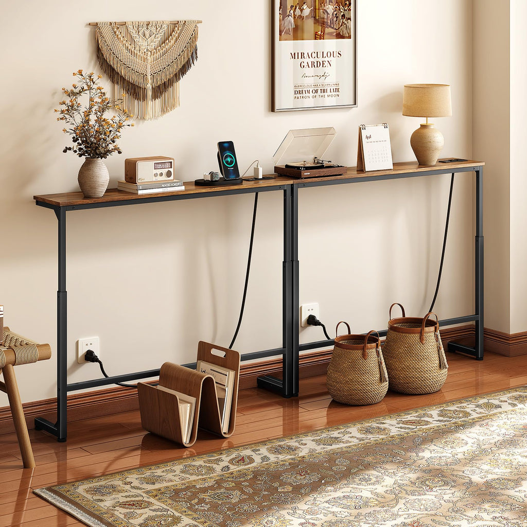 Kitstorack Narrow Sofa Table with Charging Station, 78.8" Behind Couch Table, Adjustable 24.4"-32.7" Height, Modular 2-piece Design for sectionals, entryways, Apartments, and Narrow Living Spaces