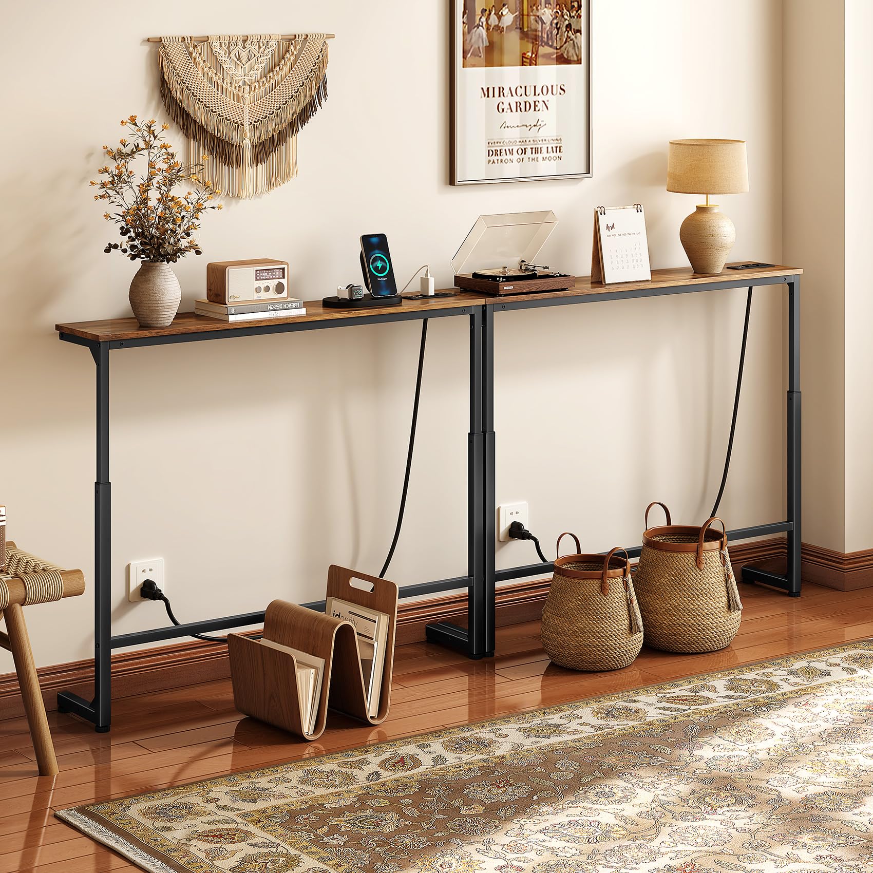 Kitstorack Narrow Sofa Table with Charging Station, 78.8" Behind Couch Table, Adjustable 24.4"-32.7" Height, Modular 2-piece Design for sectionals, entryways, Apartments, and Narrow Living Spaces
