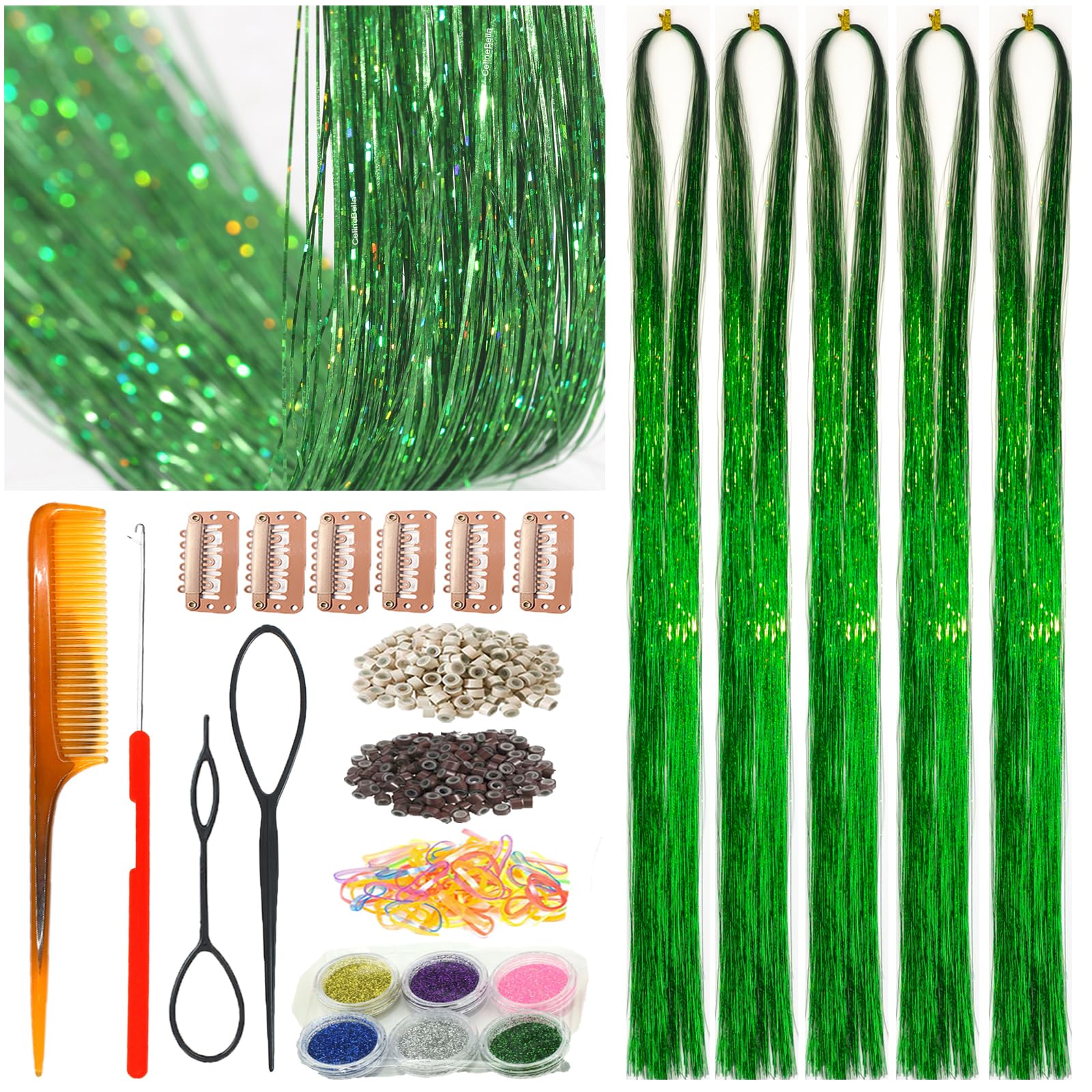 Celinebella Bubblegum Pink Hair Tinsel, 48" 1250 Strands Bright Shimmer | Vibrant hot pink bubblegum tone, youthful energetic, heat resistant, great for prom concerts birthday parties events