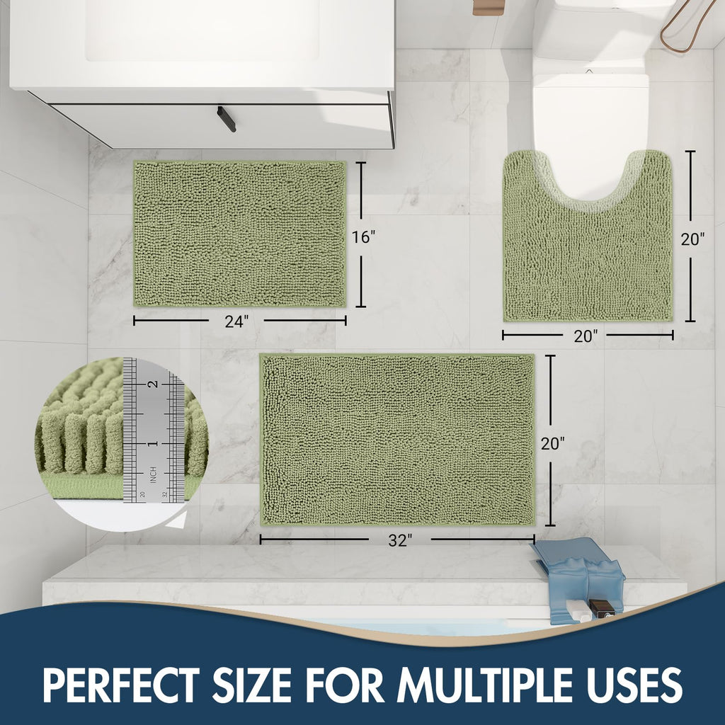 TREETONE Chenille Bath Mat 3 Pieces Bathroom Rugs Set, 20x20 Inches U-Shape Contoured Toilet Mat & 20x32 Inches Rug & Lid Cover,Water Absorbent Plush Rugs for Tub Shower & Bath Room -Beige