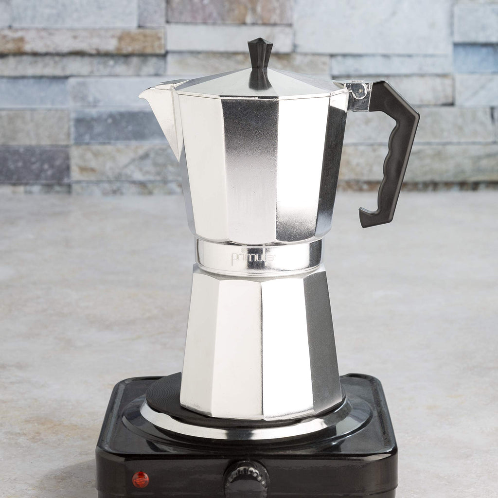 Primula Classic Moka Pot Stovetop Espresso and Coffee Maker, Italian and Cuban Cafetera for Rich Espresso Brewing, Durable Aluminum Greca Coffee Maker with Easy Grip Handle, 6-Cup, Black