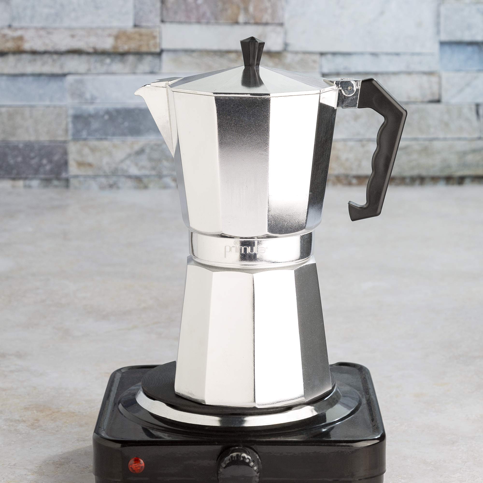 Primula Classic Moka Pot Stovetop Espresso and Coffee Maker, Italian and Cuban Cafetera for Rich Espresso Brewing, Durable Aluminum Greca Coffee Maker with Easy Grip Handle, 6-Cup, Black