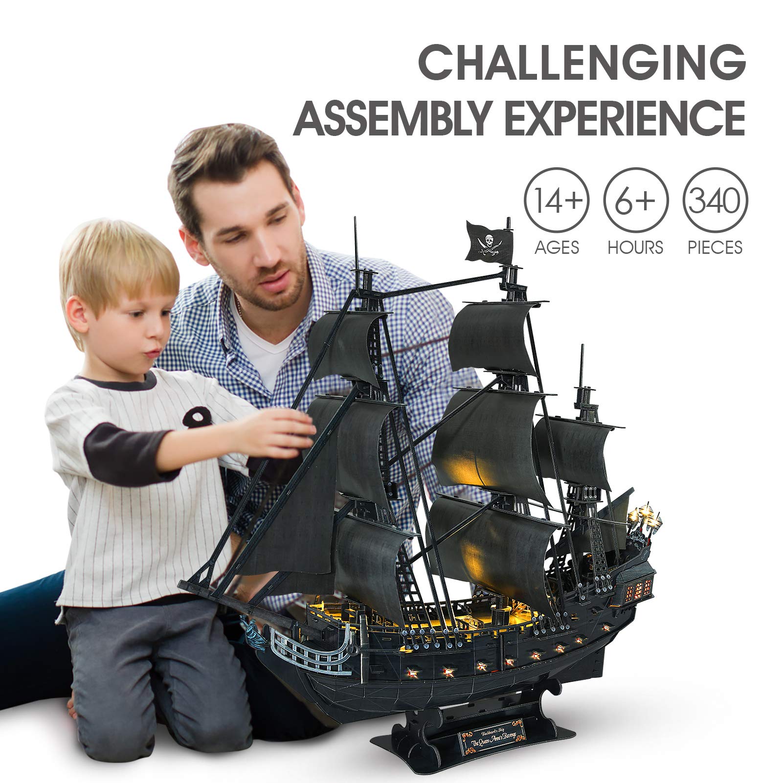 CubicFun 3D Puzzles for Adults - Led Pirate Ship Queen Anne's Revenge - Large 27'' Sailboat Puzzles - Desk Decor, Anniversary Teacher Appreciation Gifts High School Graduation Gifts
