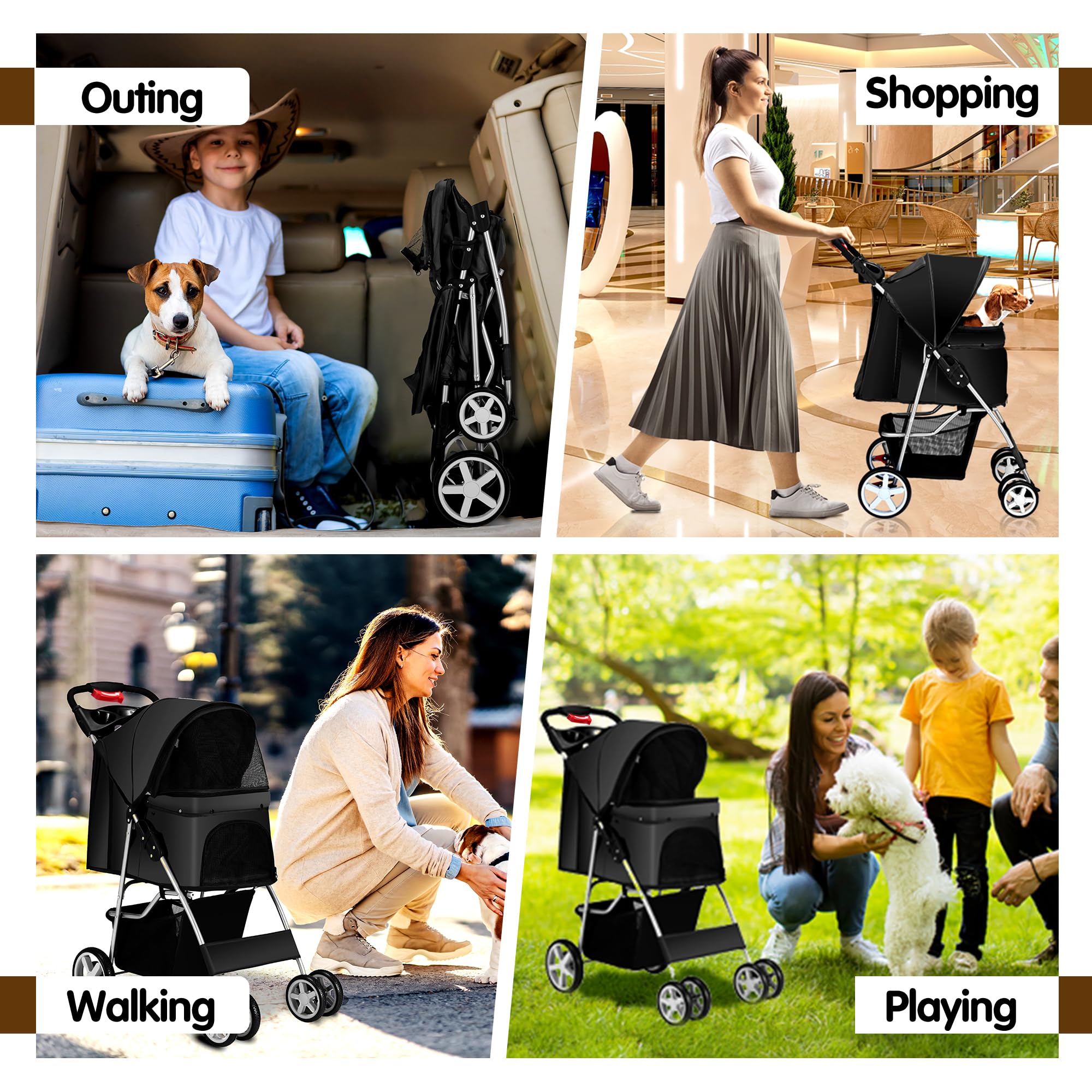 Pet Stroller, 4 Wheels Pet Strolling Cart for Medium/Small Dogs and Cats, Foldable Cat Jogger/Dog Stroller with Cup Holder, Storage Basket, Breathable Mesh, All-Season Pet Carrier, Black