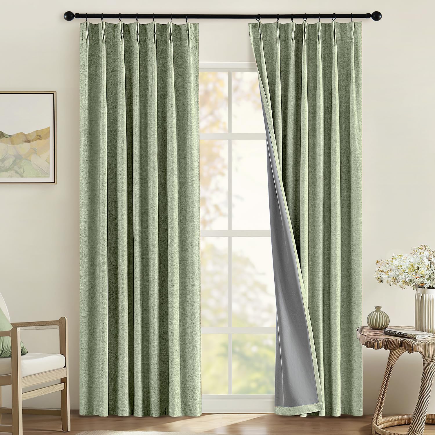 MIULEE Linen Pinch Pleated 100% Blackout Curtains for Bedroom 84 Inch Long 2 Panels Set- Back Tab Track Beige Thermal Insulated Cream Black Out Triple Pleat Room Darkening Drapes with Hooks, Greige