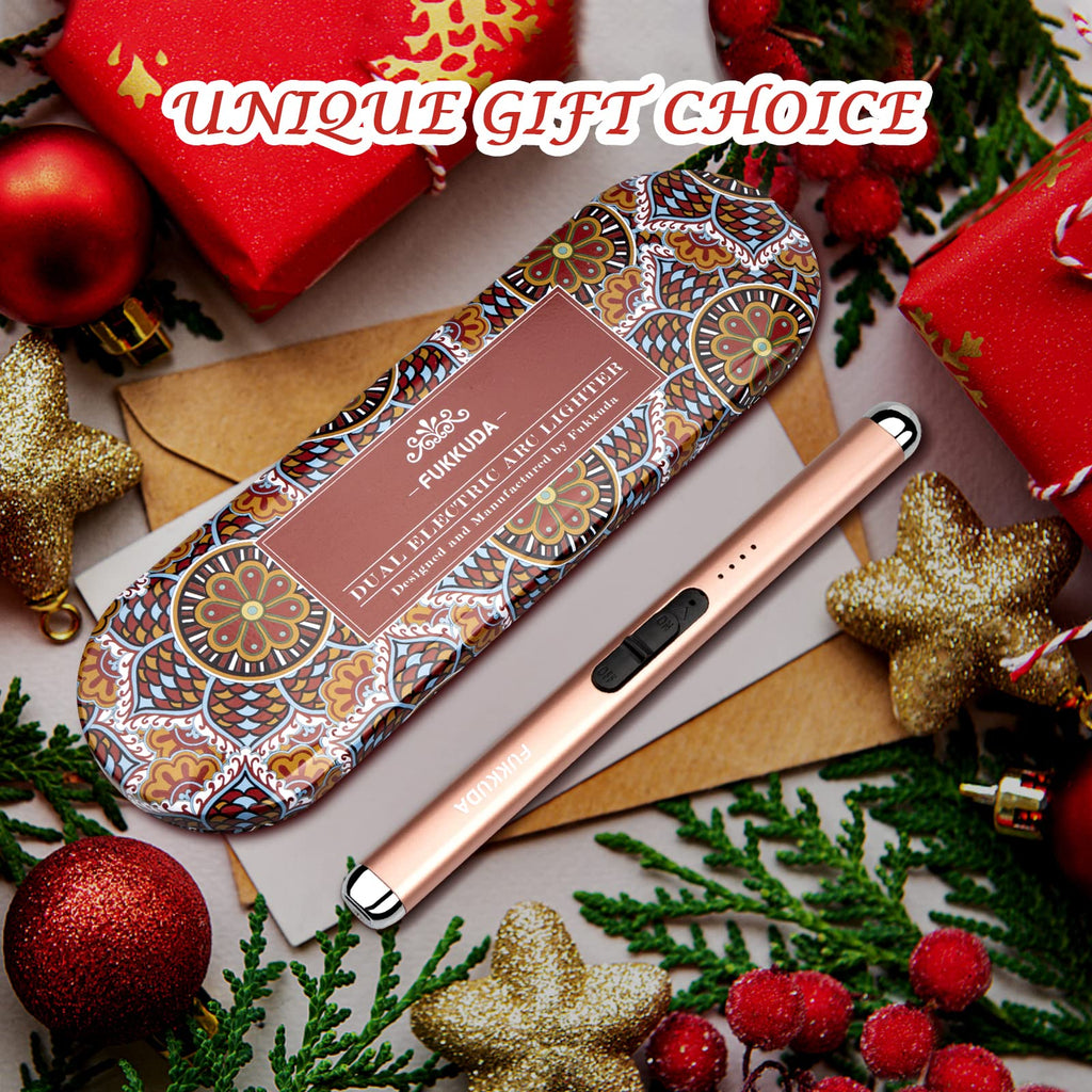 FUKKUDA Electric Candle Lighter with Safety Switch - USB Rechargeable Windproof & Flameless Plasma Arc Lighter for Easter Basket Stuffers (Rose Gold)