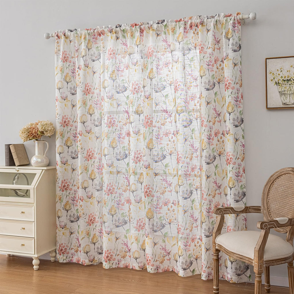 SUOUO Blue Leaf Semi Sheer White Curtains for Bedroom Dining Living Room Linen Textured 84 inches Long Rod Pocket Boho Window Drapes 2 Panels