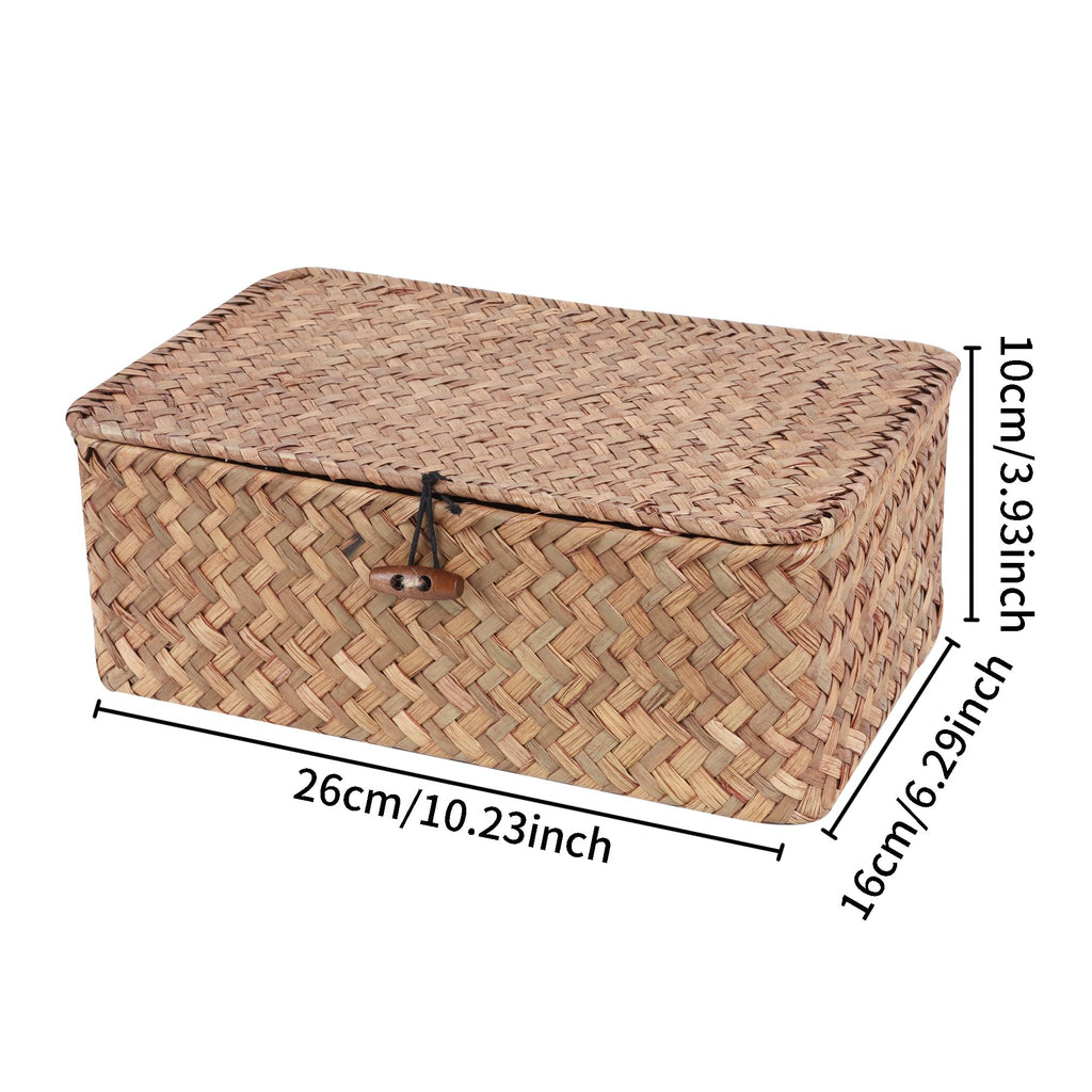 FEIALNDUO Wicker Shelf Baskets with Lid,Seagrass Storage Basket Bins Rectangular Handwoven Basket Boxes for Shelves Desktop Home Organizer (Coffee, X-Small)