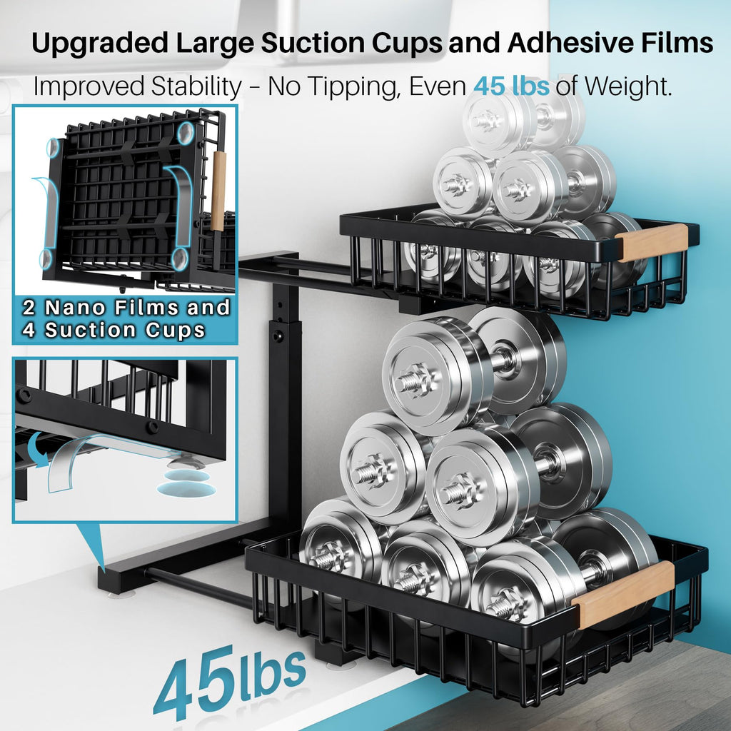 Under Sink Organizer,2 Packs 2 Tier Sliding Pull Out Cabinet Storage Shelf, Metal Drawer for Kitchen Bathroom Cabinet, Under Sink Organizer Organization Rack, Rust-Resistant Black