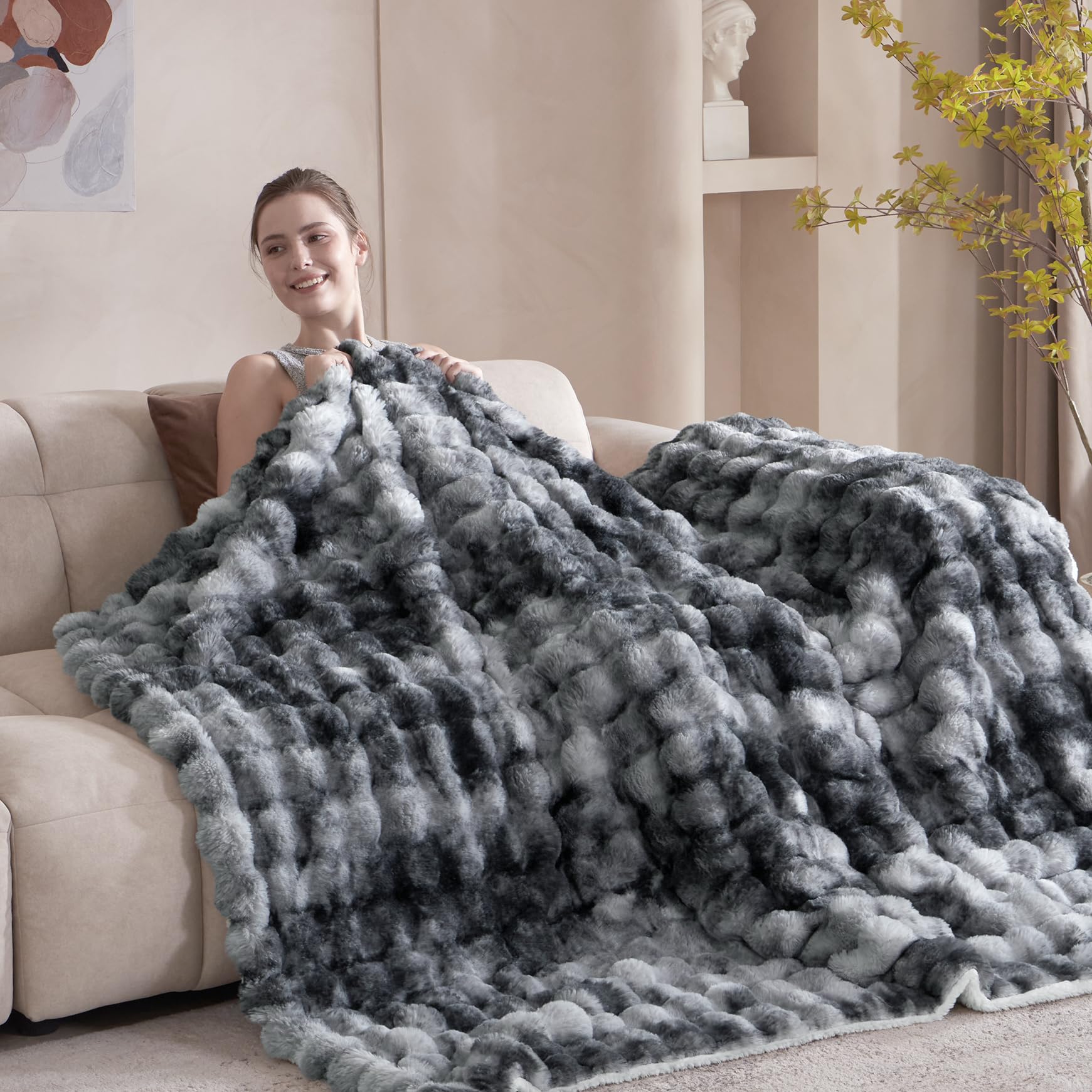 50x60 Inches Ultra-Soft Fuzzy Faux Fur Plush Throw Blanket - Thick, Warm Sherpa for Couch, Sofa, Bedroom, Camping - Decorative Blanket for Cozy Warmth, Bubble Grey