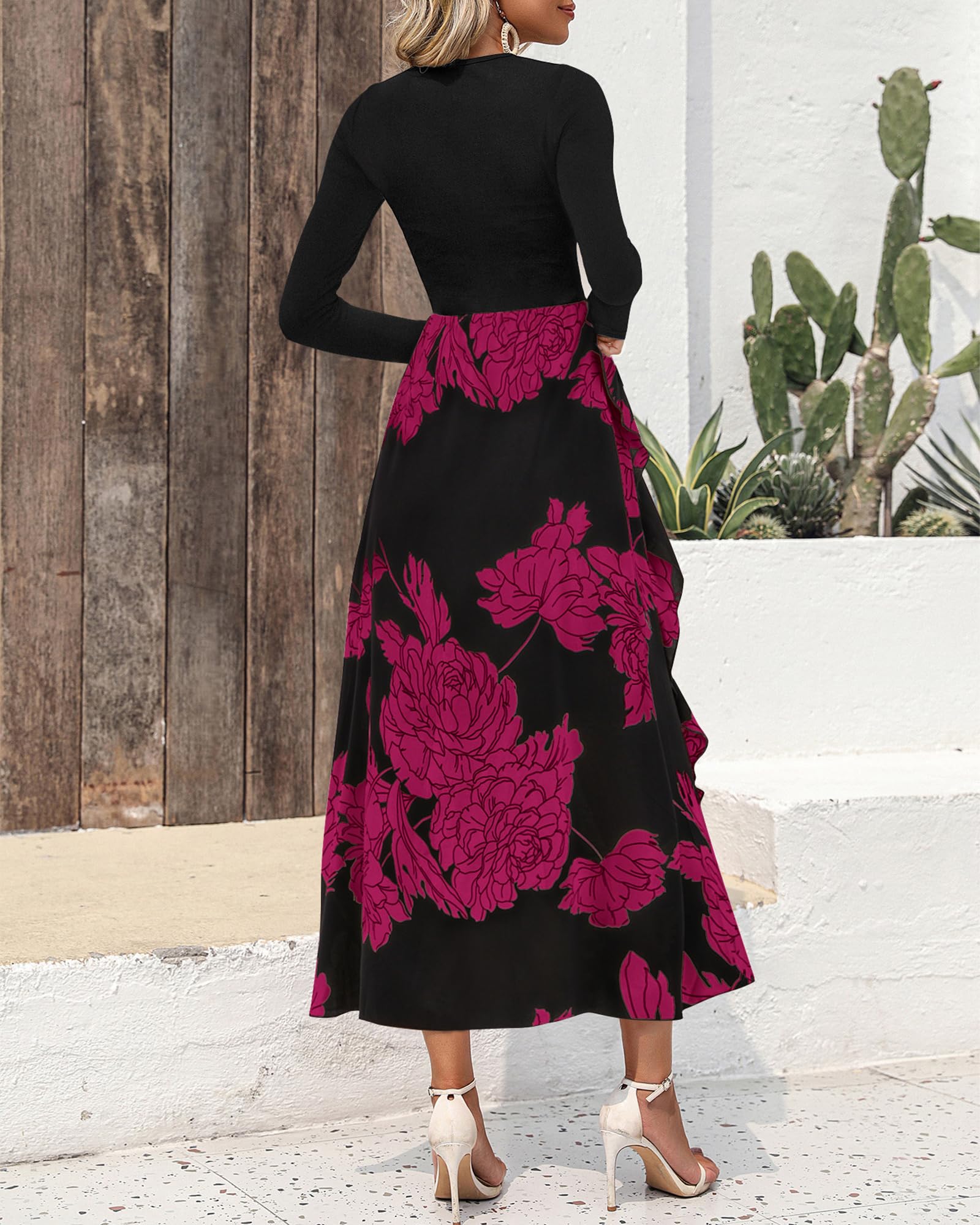 BTFBM Womens Floral Maxi Dress Fall 2025 Casual Crewneck Long Sleeve Ruffle Flowy Cocktail Wedding Guest Dresses
