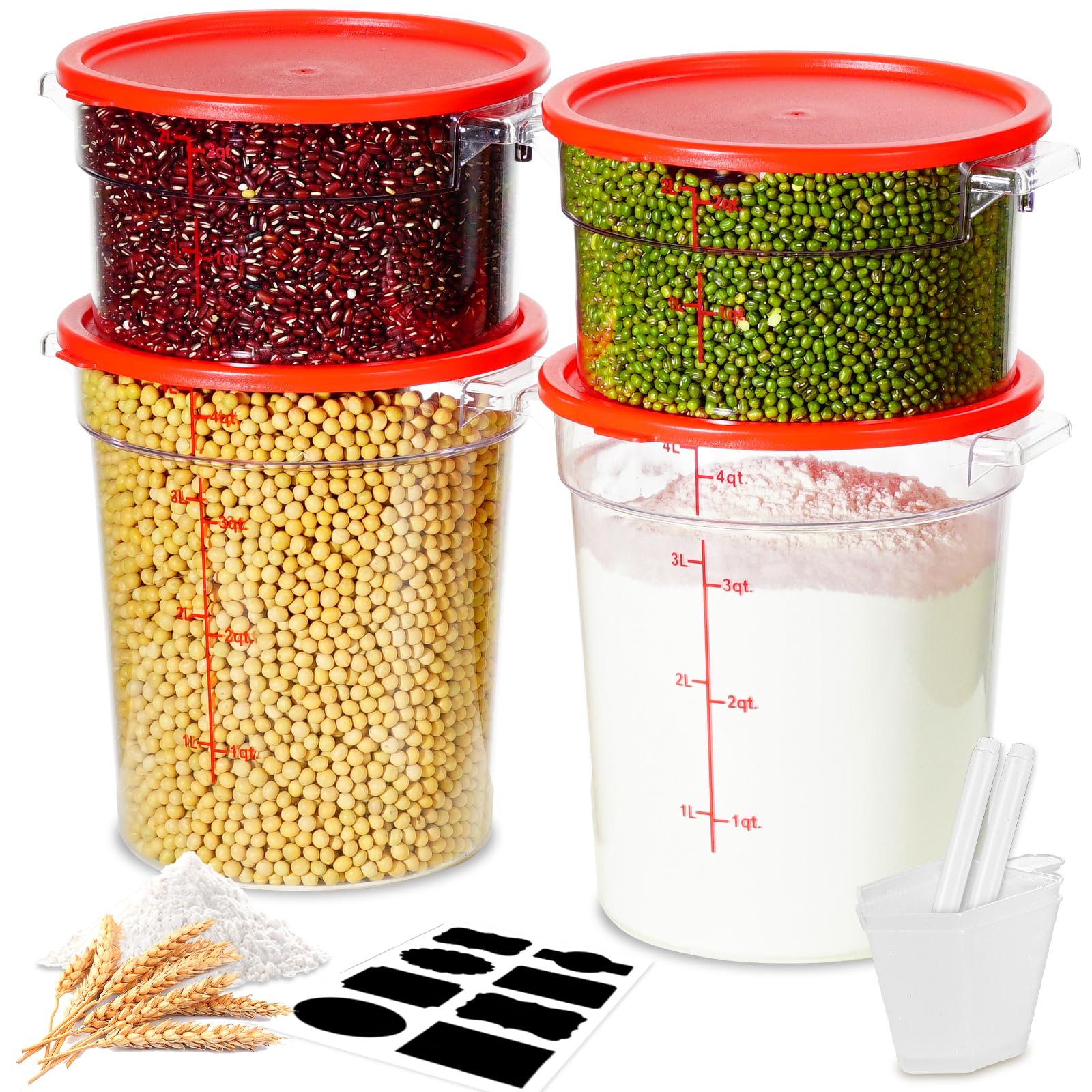 4QT NSF Food Storage Containers: 8 PCS [Food Grade][Hot&Cold Resistant] Commercial Clear Food Storage Containers with Lids for Restaurant Kitchen Proof Dough, Measuring Spoons Included(BPA FREE)