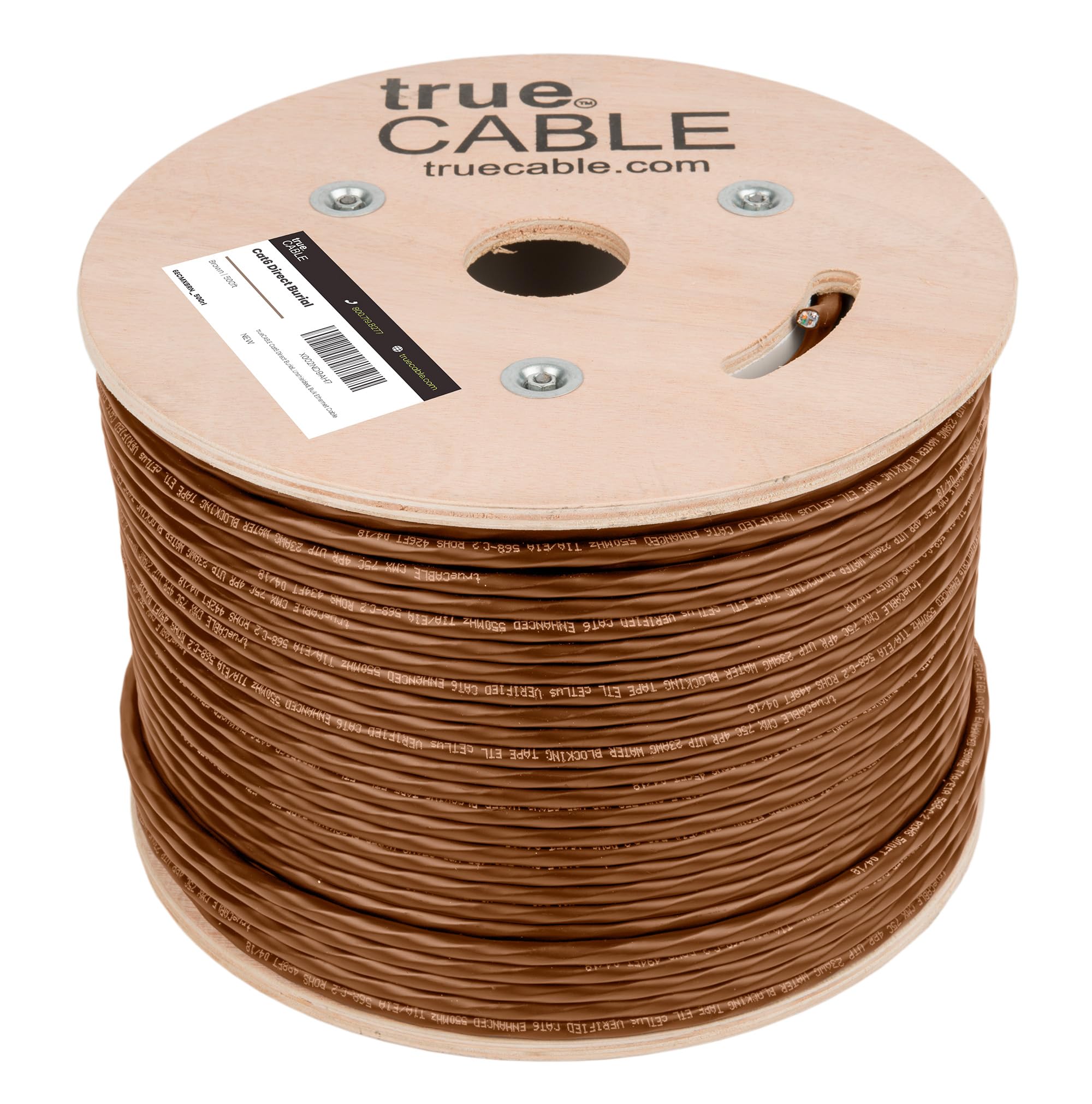 TRUE CABLE Cat6 Direct Burial Outdoor Bulk Ethernet Cable, Shielded F/UTP, 500ft, Brown, 23AWG Solid Bare Copper, Heavy Duty Outdoor, OSP Jacket, Waterproof, UV, 550MHz, PoE++ 100W (4PPoE)