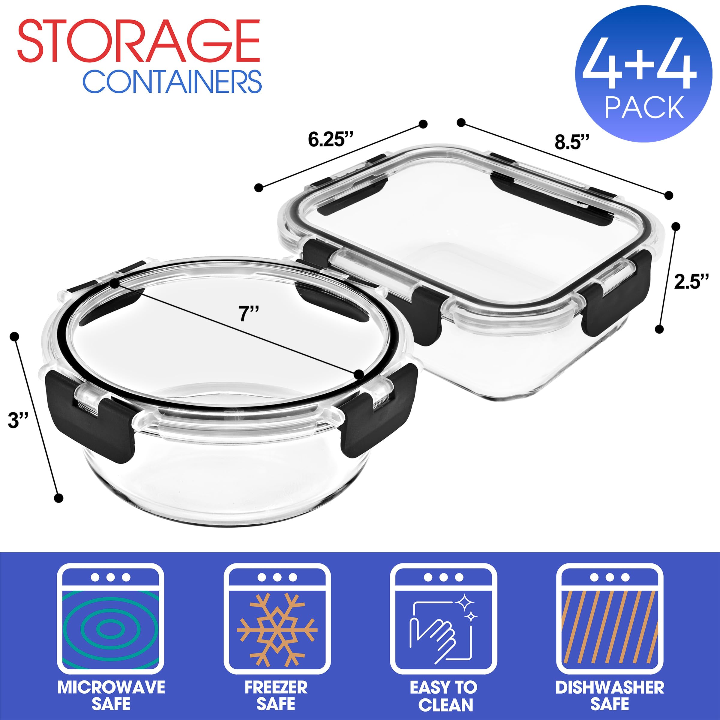 Sorbus 20pc Glass Meal Prep Containers Set – 10 Glass Food Storage Containers (21.3oz, 2.6 Cups) with Airtight Lids – Freezer, Dishwasher, and Oven Safe – Reusable Containers for Meal Prep and Storage
