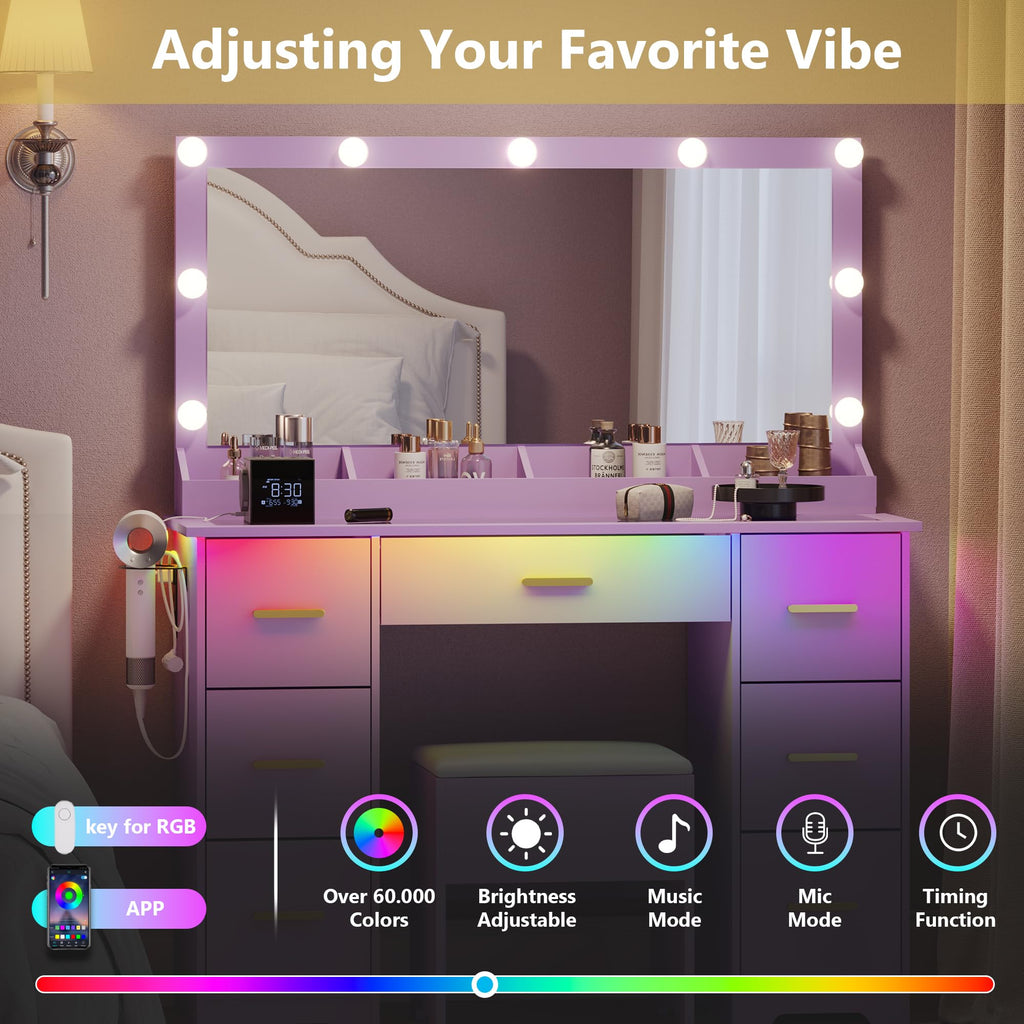 BORNOON 45” Fluted Makeup Vanity Desk with Mirror and Lights, Glass Top Dressing Table with 5 Drawers, LED Lighted Adjustable Cabinet, Trays & Charging Station for Bedroom Dressing Room
