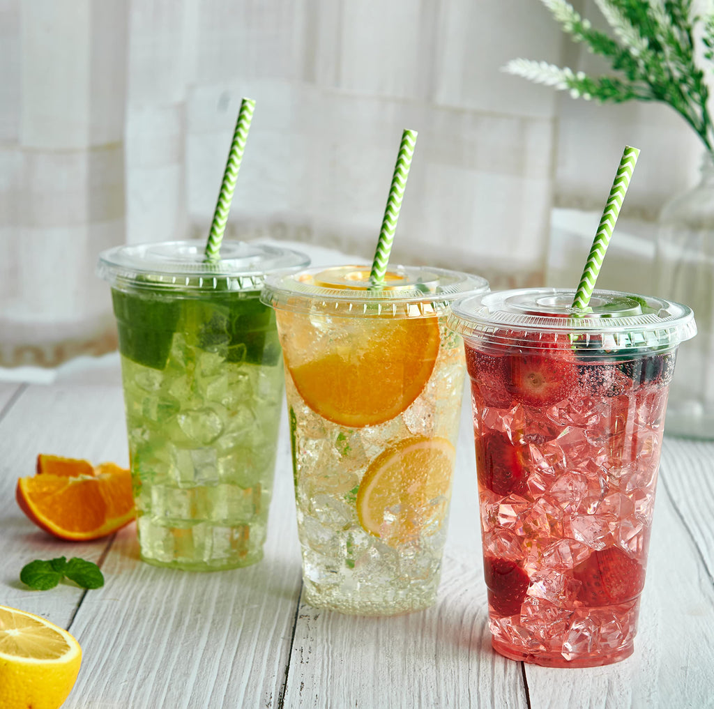 Lilymicky 200 Sets 10 oz Clear Plastic Cups With Flat Lids, 10 Ounce Disposable Drinking Cups for Smoothie, Slurpee, or Any Cold Drinks
