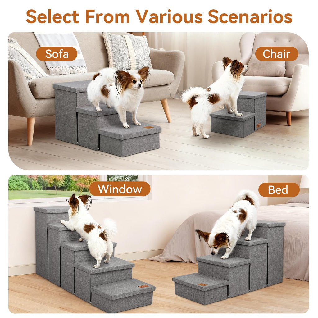 Zerbuger Dog Stairs with Condo 15" H, 2-Step Wider Dog Steps for Small/Medium/Large Old Dogs Cats, Folding Sturdy Storage Pet Stairs Climbing Bed Couch, Ramp for Car Hold Up to 150 lbs, Beige