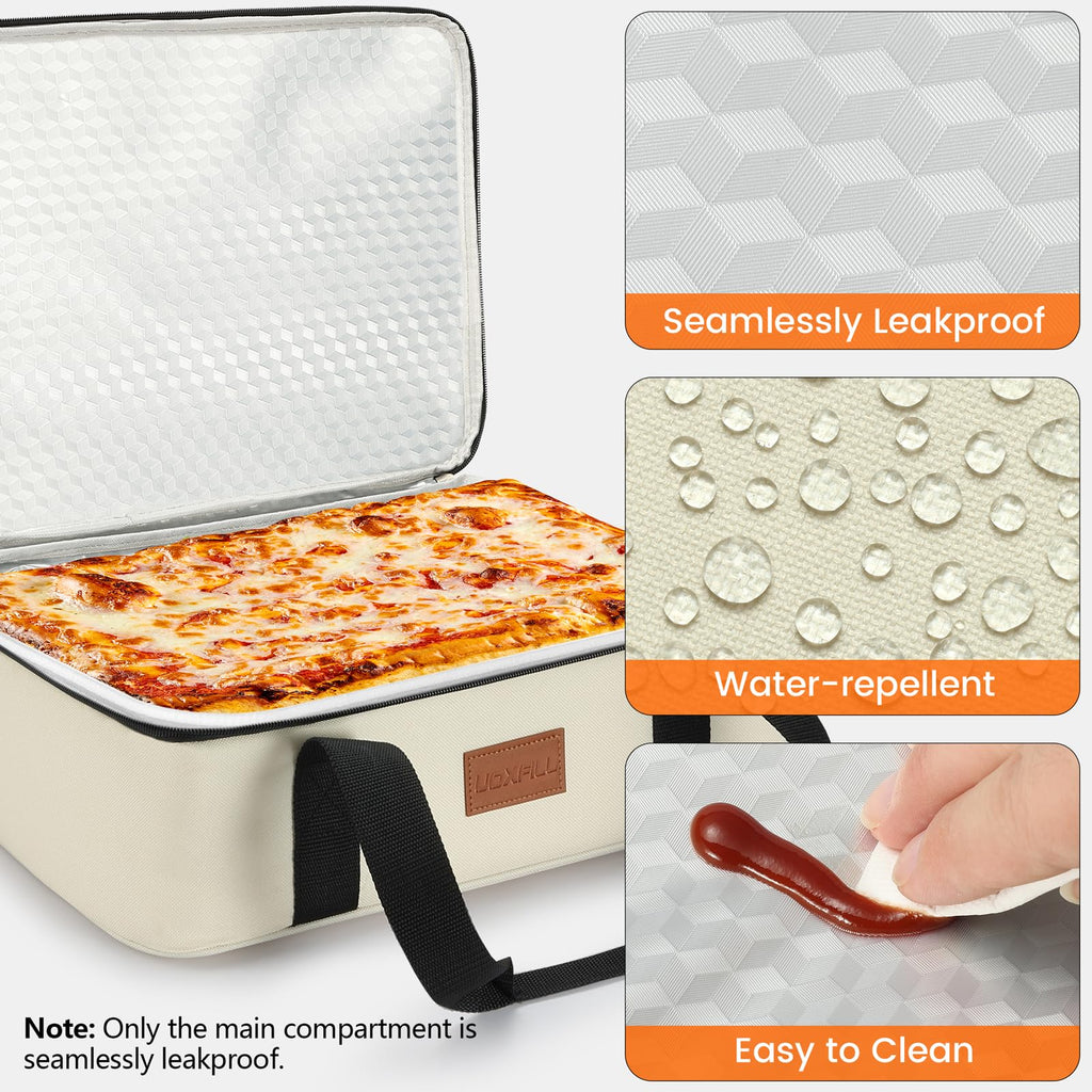 Food Warmer Electric Casserole Carrier - Large Heated Lunch Bag for Car Truck, 12V/24V/110V, Thermos for hot food for Potluck Cookouts Parties Picnic,Lasagna Lugger,Fits 9"x13" Baking Pan (Beige)
