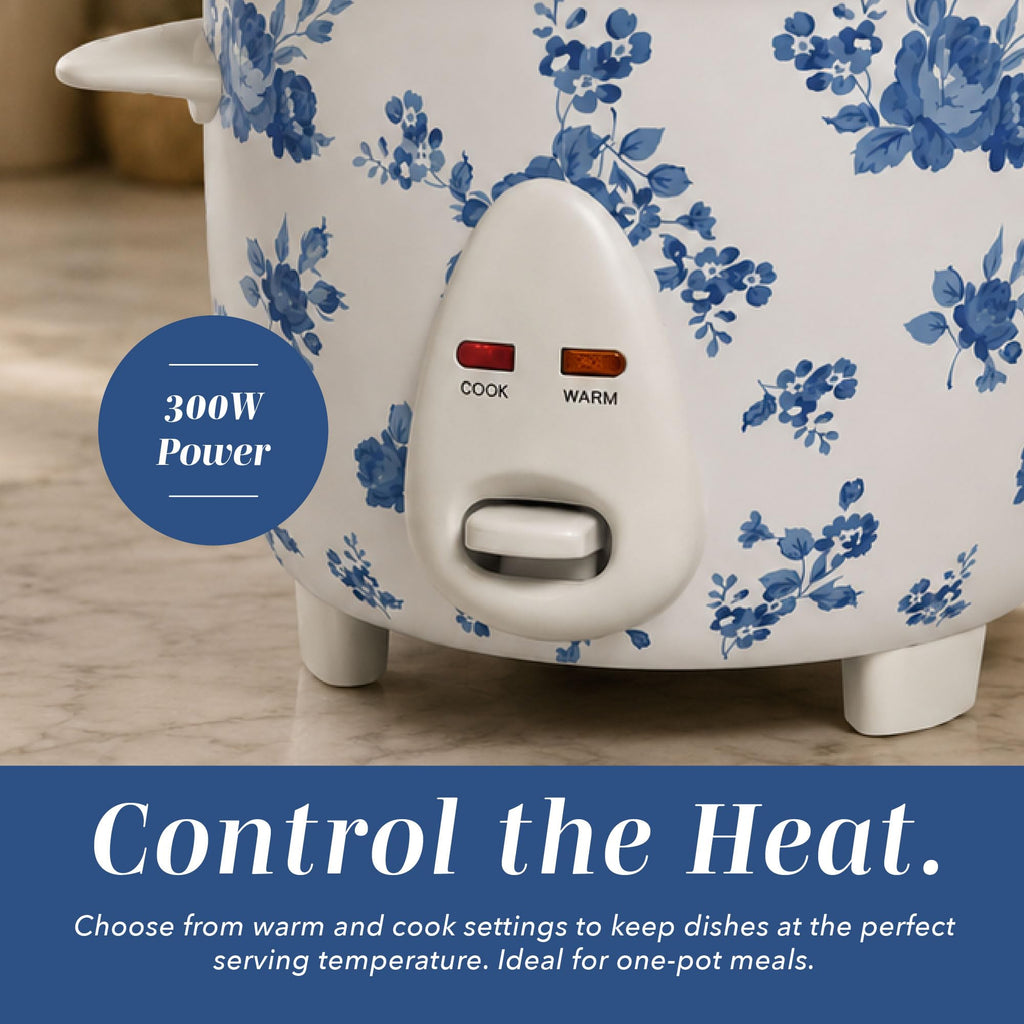 COOK WITH COLOR 6 Cup Rice Cooker 300W - Effortless Cooking and Perfectly, Cooks 3 Cups of Raw Rice for 6 Cups of Cooked Rice, Floral Blue