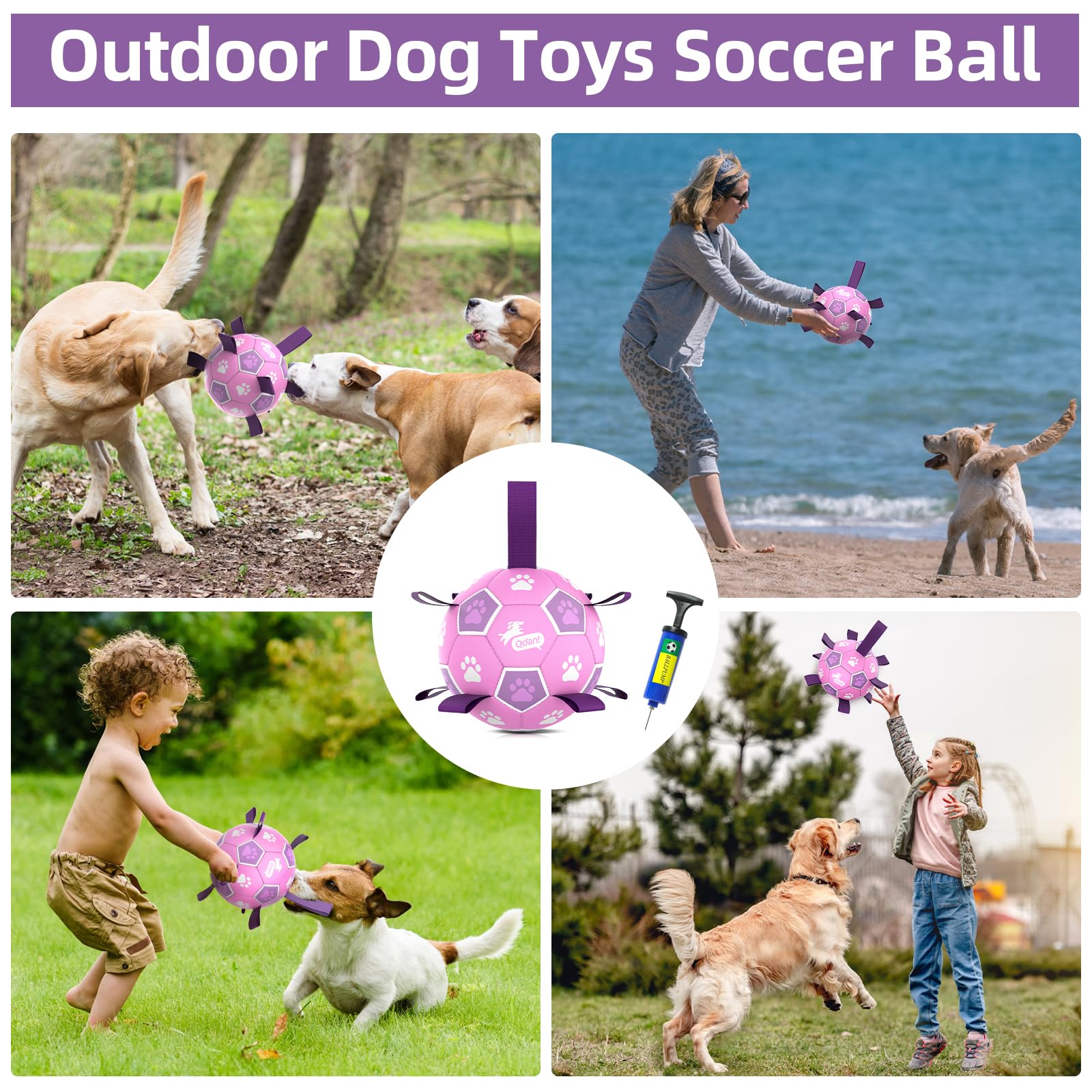 QDAN Dog Toys Soccer Ball with Straps, Durable Dog Balls for Tug of War, Puppy Birthday Gifts, Dogs Water Toy Small Dogs-Rainbow（5 Inch）