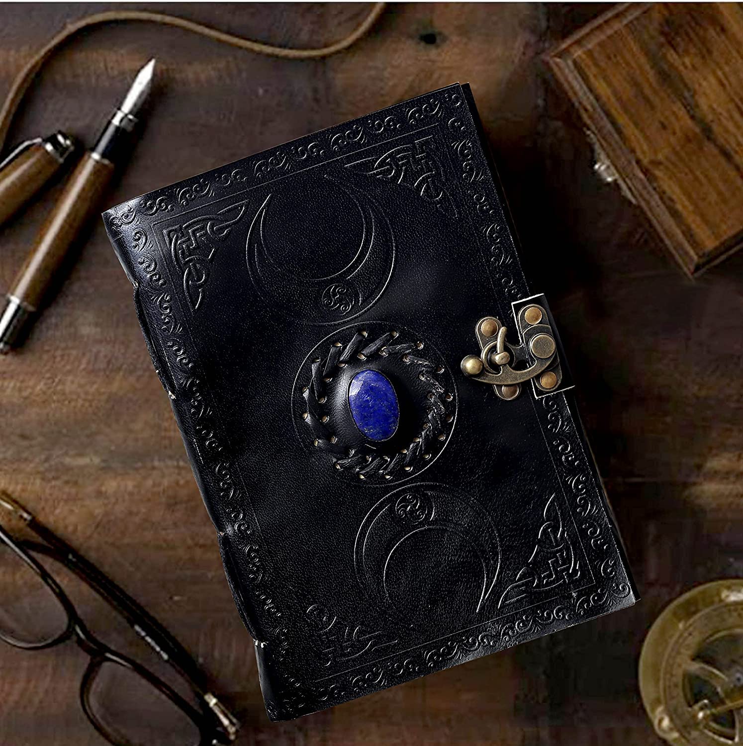 3 Moon Blue Lapis Embossed Vintage Leather Journal | 240 Pages of Antique Handmade Deckle Edge Vintage Paper, Leather Sketchbook, Drawing Journal, Great Gift (5 by 7 inch, black)