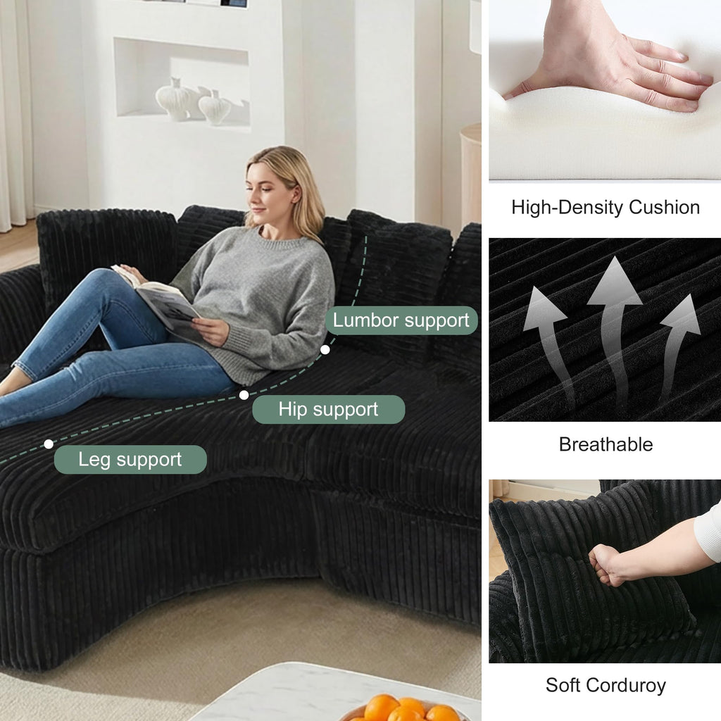 129'' Cloud Sectional Couches for Living Room, Oversized L Shaped Couch, Curved Boneless Sofa, Corduroy Upholstered Corner Sofa, Black