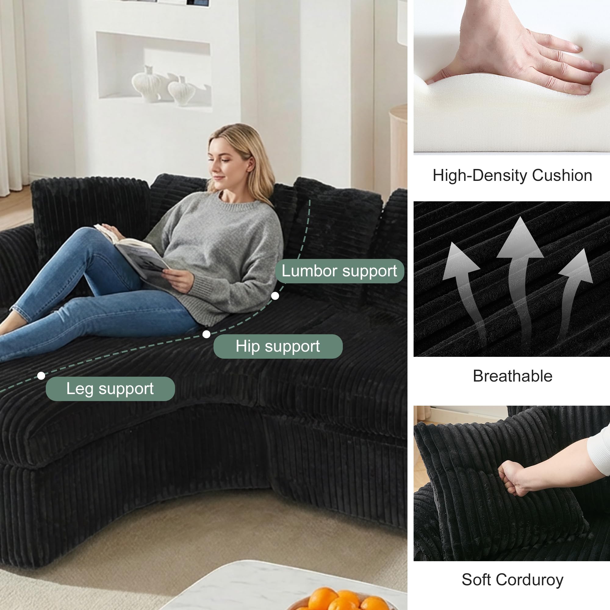 129'' Cloud Sectional Couches for Living Room, Oversized L Shaped Couch, Curved Boneless Sofa, Corduroy Upholstered Corner Sofa, Black