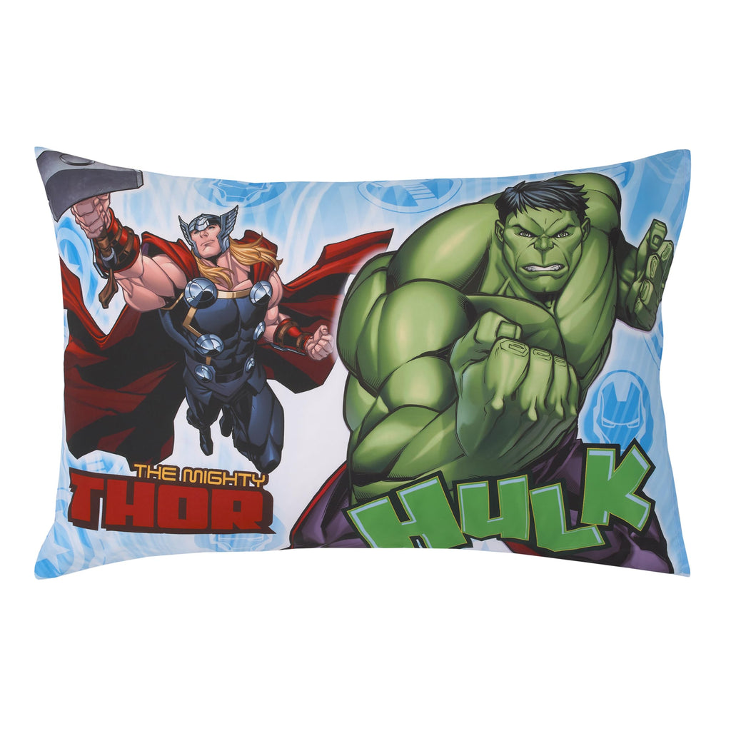 NoJo Marvel The Avengers I Am A Hero Blue, Green, Red, and Yellow 4 Piece Toddler Bed Set - Comforter, Fitted Bottom Sheet, Flat Top Sheet, and Reversible Pillowcase