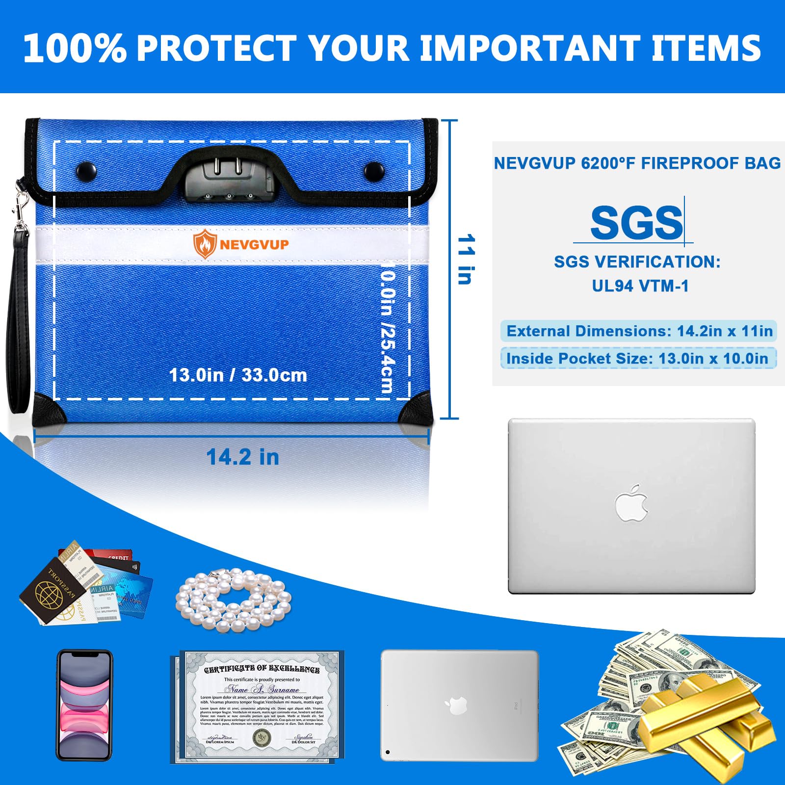 Fireproof Money Bag 4200°F - Heat Insulated, 9.8 x 6.5" Small Fireproof Document Bags with Waterproof Zipper, Fire proof Bag with Reflective Strip and Fireproofs Edeging, Fire Pouch Set for Valuables