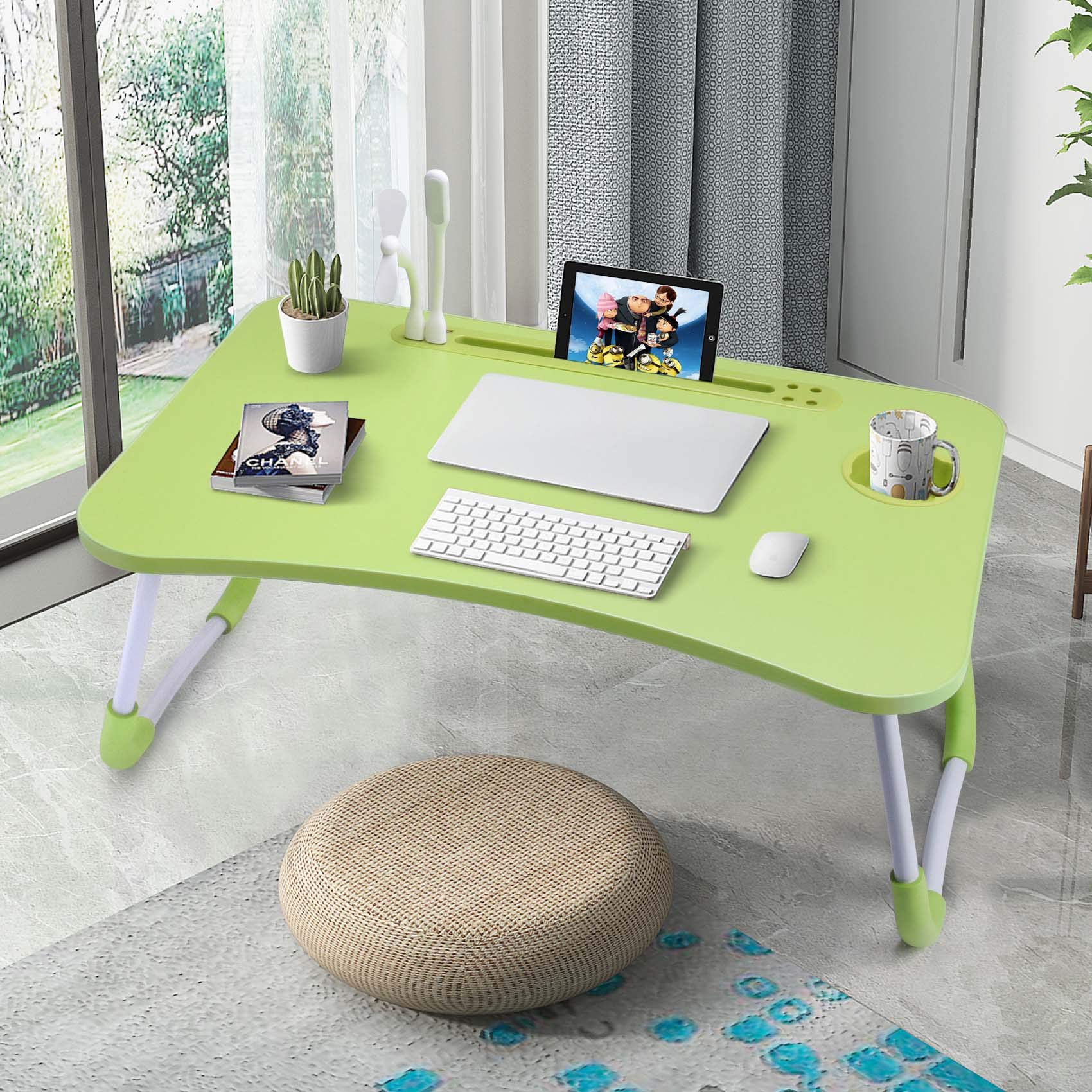 Slendor Lap Desk with Cup Holder, Foldable Laptop Table for Bed, Portable Bed Desk for Laptop and Writing, Computer Tray with Tablet Slot, Notebook Stand Reading Holder for Couch Sofa Floor,Black