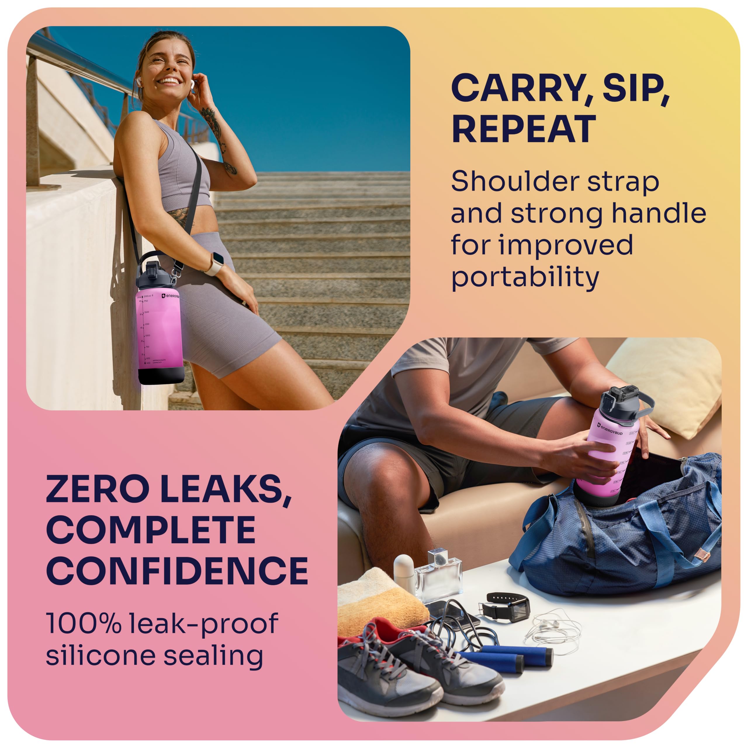 1/2 Gallon Water Bottle with 74.3 oz Capacity - Motivational Time Markers for Daily Hydration Goals - Leakproof BPA Free Tritan with Removable Straw
