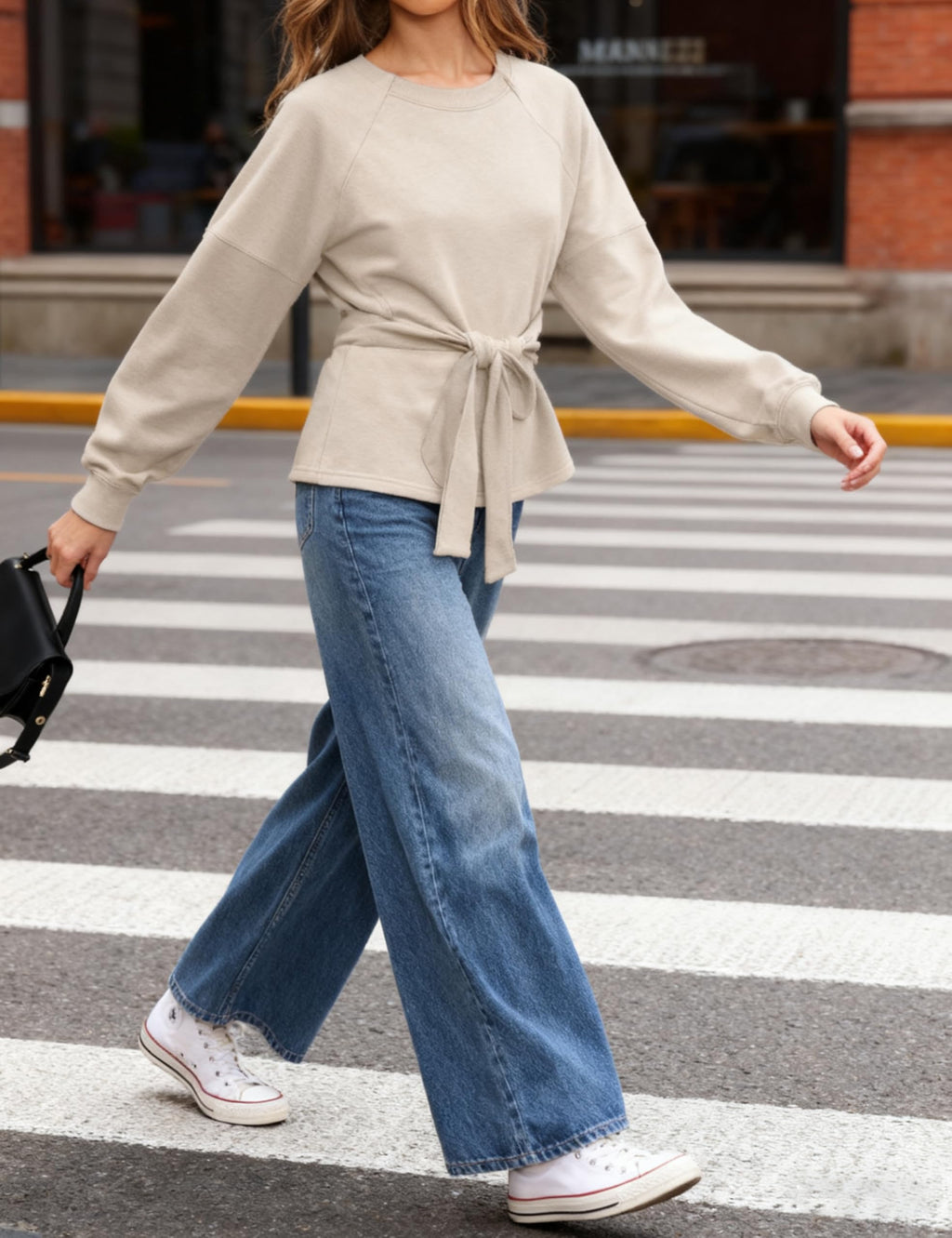 Zhiyouni Women's Long Sleeves Shirt Tops Casual 2026 Fall Fashion Crewneck Tie Knot Sweatshirt Pullover