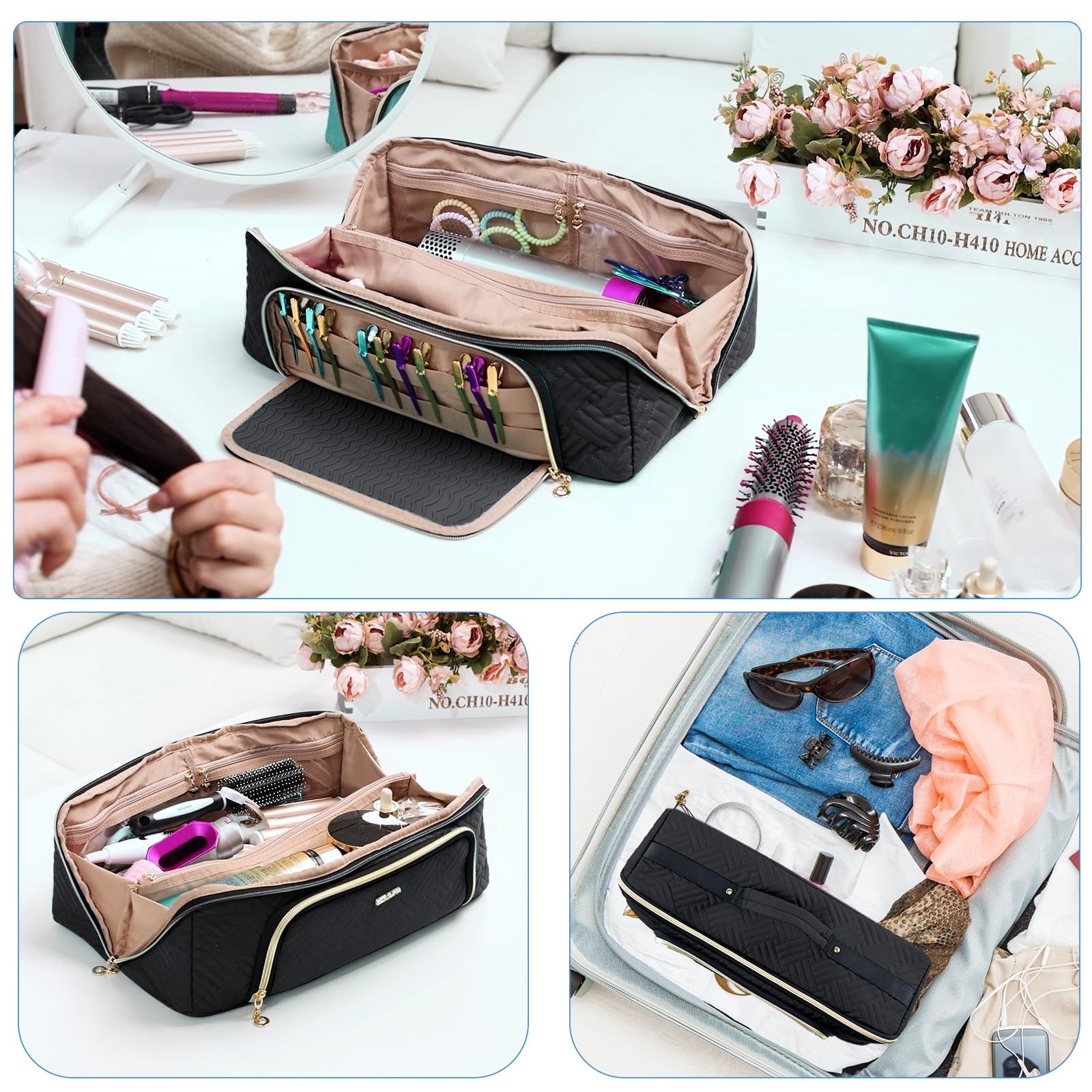 Large Hair Tools Travel Bag with Iron Mat - 2in1 Hair Tools Organizer for Hair Dryer Brush, Flat Irons, Straighteners, Curling Irons, Hair Bag, Makeup Bag, Cosmetic Bag for Travel Essentials