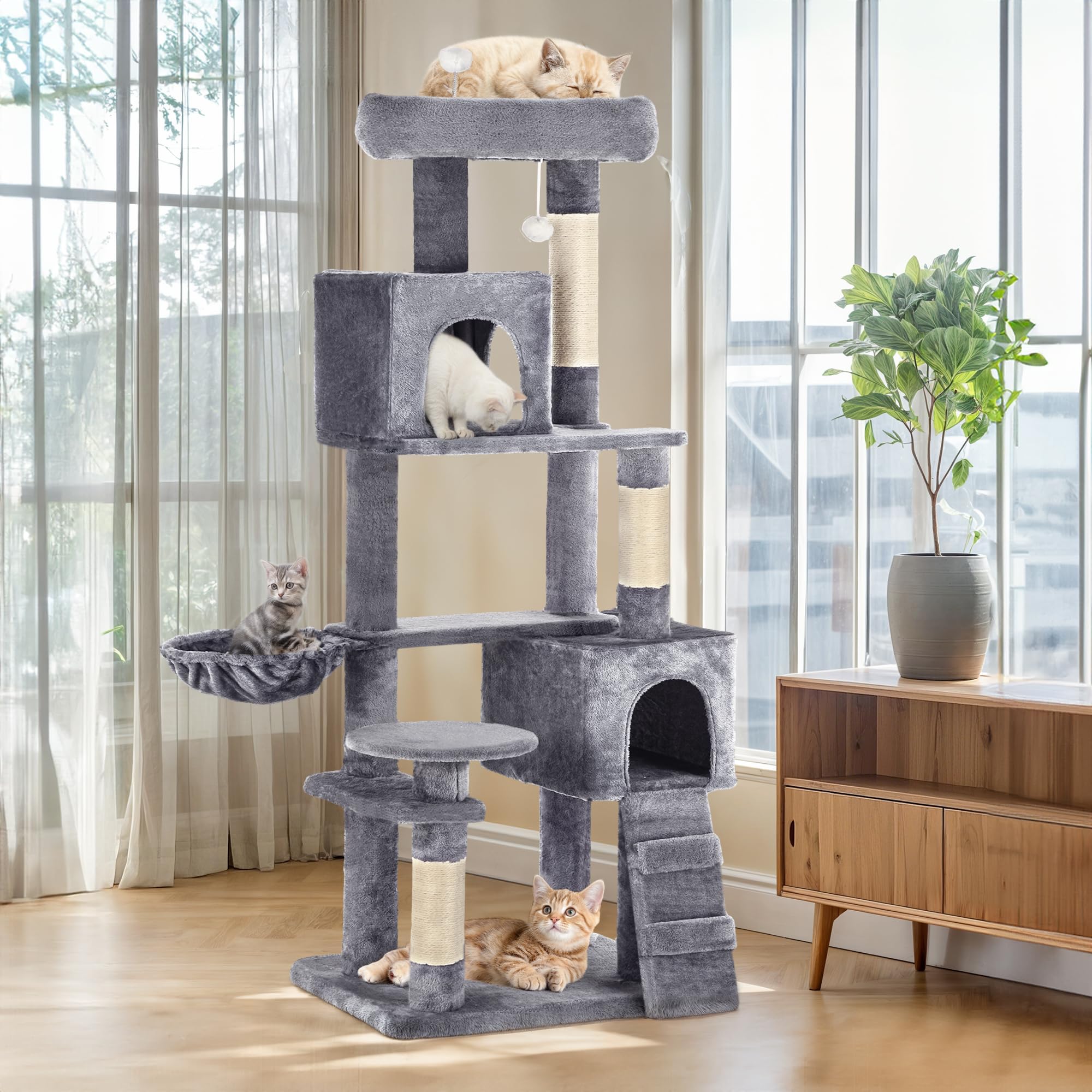 YITAHOME 44in Multi-Level Cat Tree for Indoor Kittens, Cat Furniture with Scratch Posts, Window Padded Plush Perch, Comfortable Hammock, and Interactive Pompoms, Beige