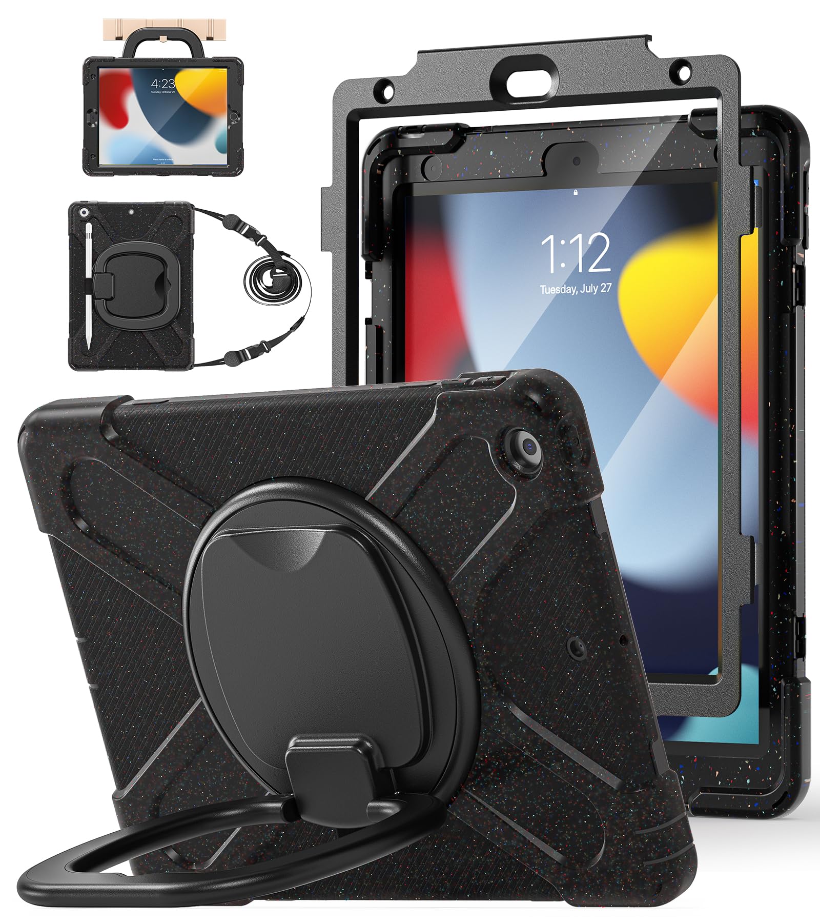 BATYUE for iPad 9th/ 8th/ 7th Generation Case (iPad 10.2 inch Rugged Case 2021/2020/2019) with Screen Protector, Rotating Stand/Pencil Holder/Carrying Shoulder Strap (Colourful Pink)