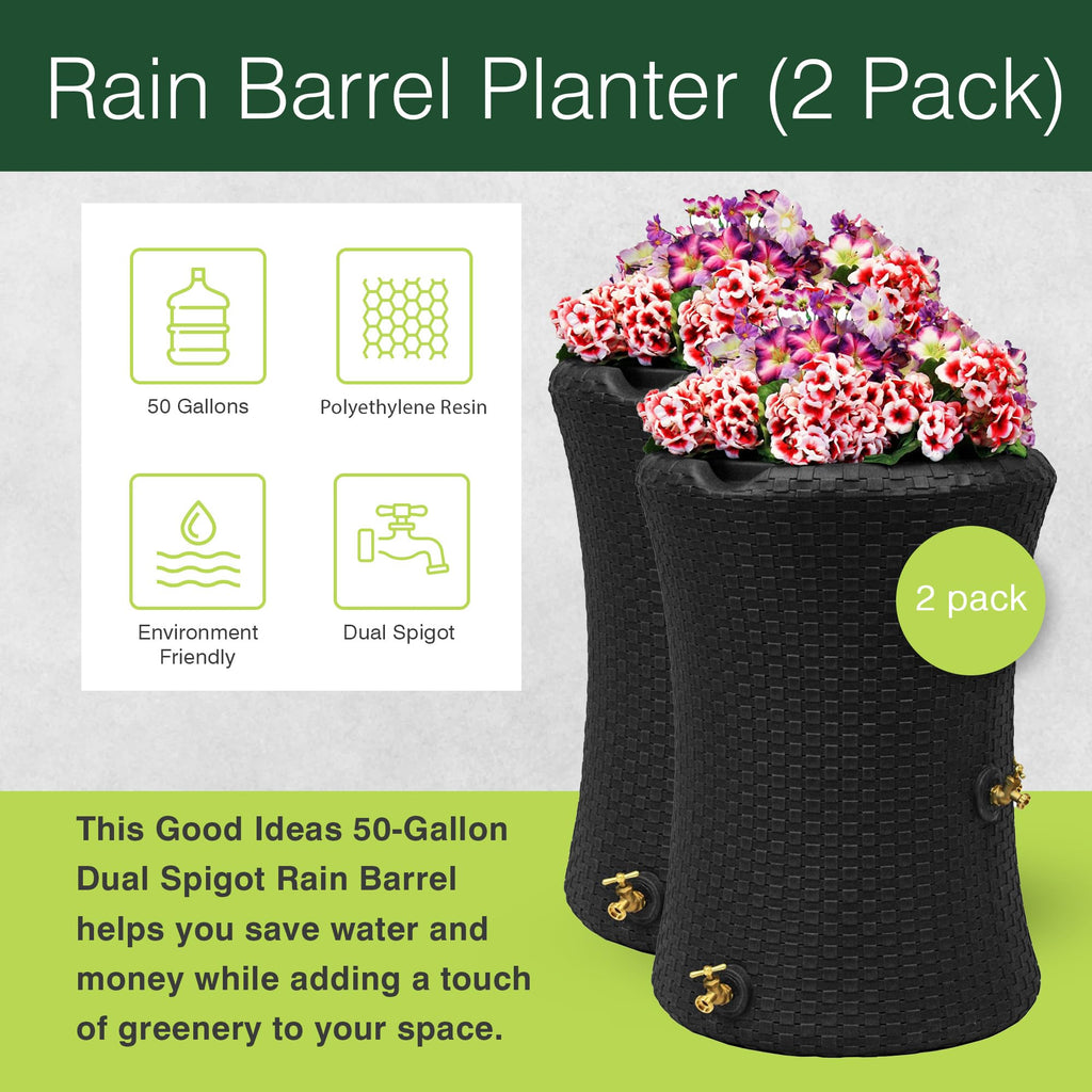 Good Ideas Impressions 50 Gallon Nantucket Outdoor Home Rain Barrel Water Storage Collector with Garden Planter and Brass Spigot, Black (2 Pack)
