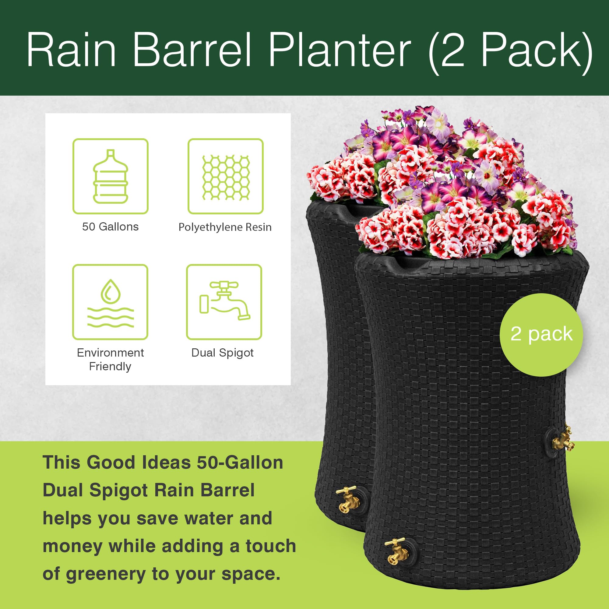 Good Ideas Impressions 50 Gallon Nantucket Outdoor Home Rain Barrel Water Storage Collector with Garden Planter and Brass Spigot, Black (2 Pack)