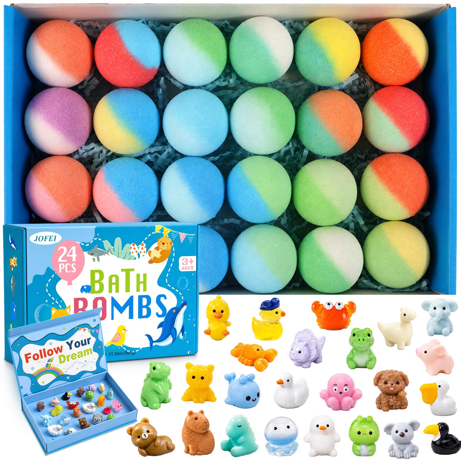 Bath Bombs for Kids with Surprise Inside, 24 Pack Kids Bath Bombs with Toys Inside Gift Set, Kid Bubble Bath Fizzy for Girls Boys with Bath Toys (Classic Edition)