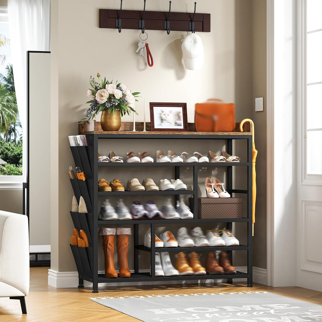 EnHomee Shoe Rack for Entryway, 6 Tier Shoe Organizer with Adjustable Shelves, 22 Pairs, Shoe Shelf with Wooden Top and Side Pocket for Closet, Entryway, Living Room, Rustic Brown & Black