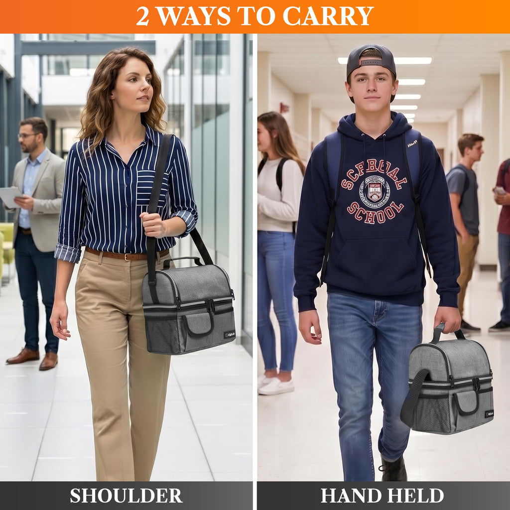 opux Insulated Lunch Bag Women Men, Dual Compartment Leakproof Lunch Box Adults Kids, Double Decker Meal Prep Bento Lunch Cooler Tote with Shoulder Strap for Work Office School Travel, Black