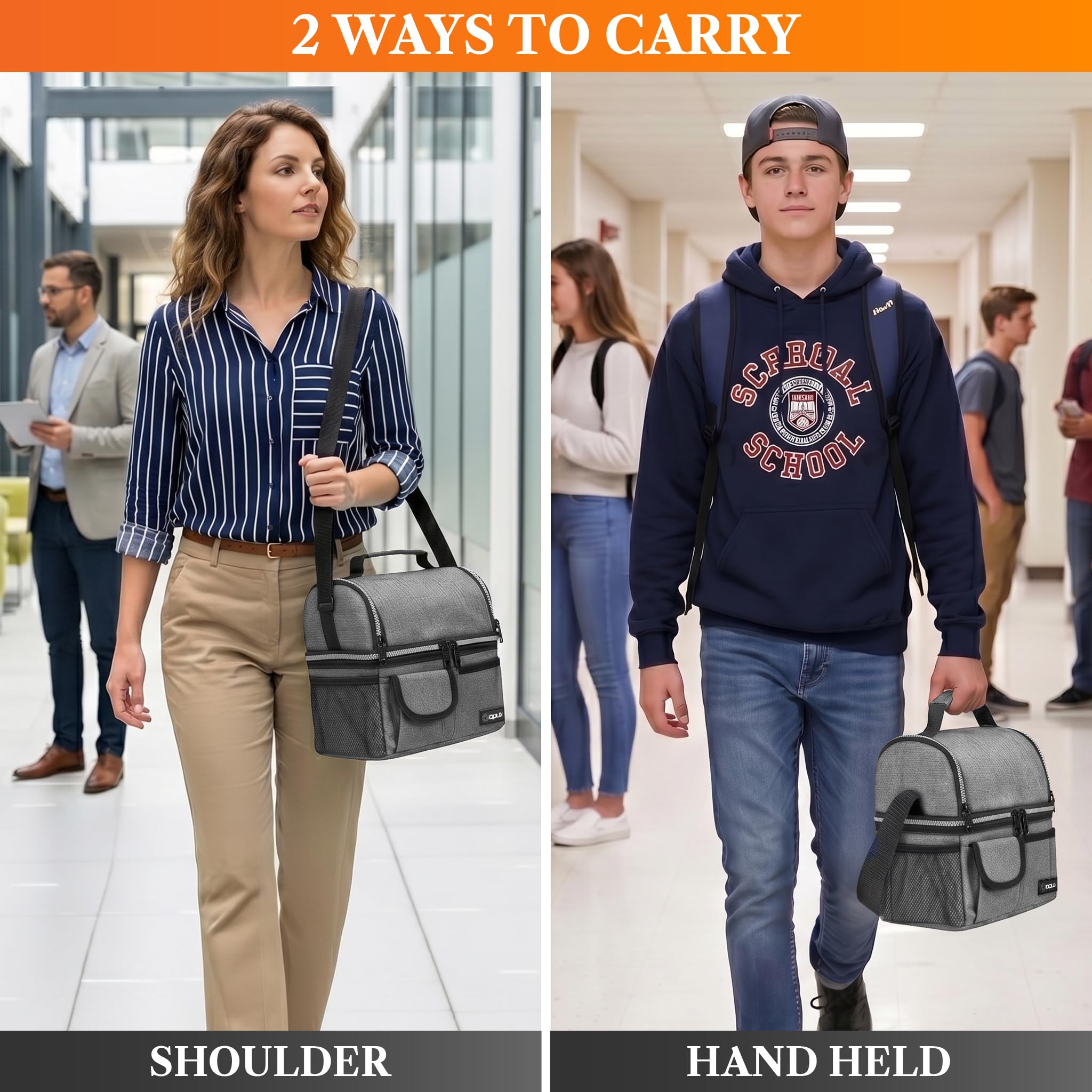 opux Insulated Lunch Bag Women Men, Dual Compartment Leakproof Lunch Box Adults Kids, Double Decker Meal Prep Bento Lunch Cooler Tote with Shoulder Strap for Work Office School Travel, Black