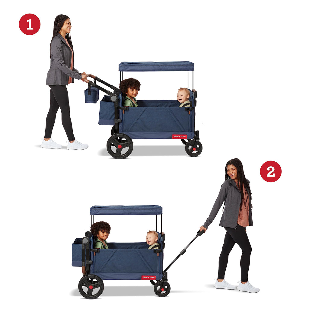 Radio Flyer Atlas Stroll 'N Wagon, Navy Blue, For Ages 1+, 3-in-1 Push or Pull Versatility, One-Hand Fold, UV Canopy, 5-Point Harnesses, Storage Capabilities, Rubber Wheels, Stroller Wagon for Kids