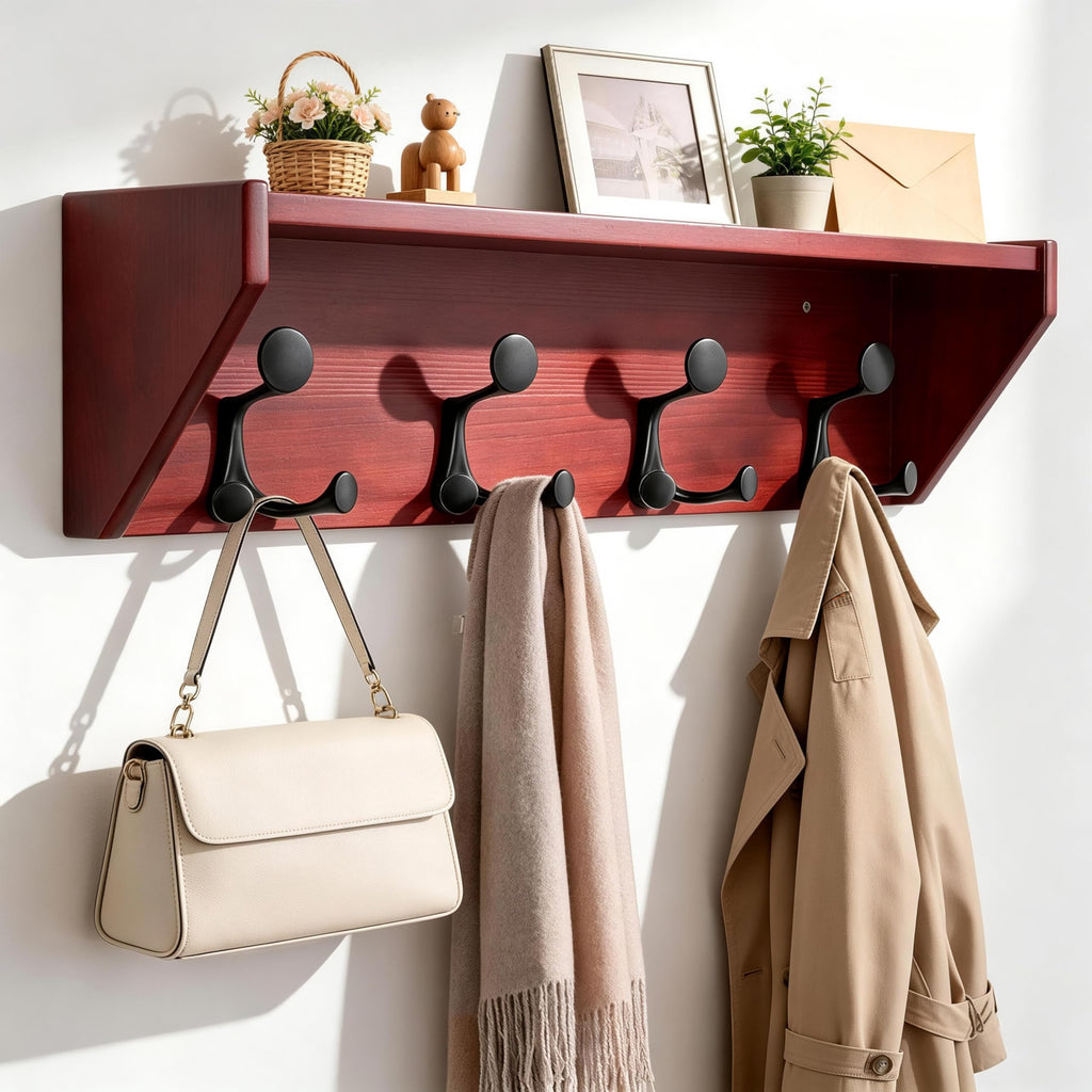 SKOLOO Wall Shelf with Hooks, 24-Inch Cherry Coat Rack Wall Mount with Shelf Organizer - Heavy Duty, 4 Tri Hooks - Perfect for Entryway, Hallway, Living Room, Bedroom, Mudroom