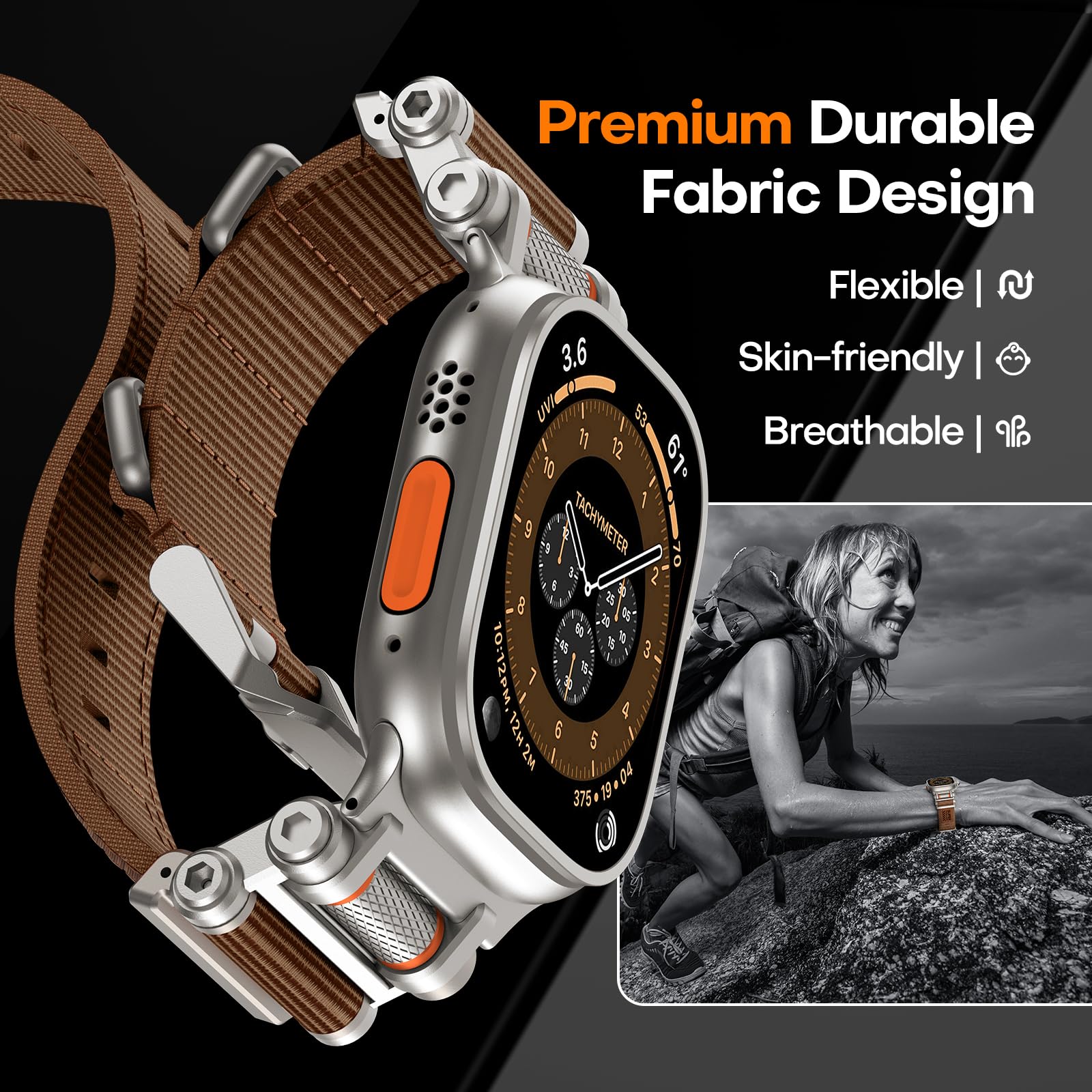 TAURI Nylon for Apple Watch Bands SE/Series 9/8/7/6/5/4 44/45mm, Rugged Nylon Braided Strap & Stainless Steel Connector – iWatch 44mm/45mm Adjustable Woven Band for Men Women, All Black