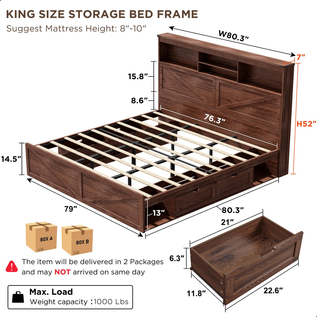 ACCOHOHO Farmhouse Queen Size Bed Frame with 52" Storage Bookcase Headboard and 4 Drawers,Wood Bed Frame with LED Light and Charging Station,Natural Oak