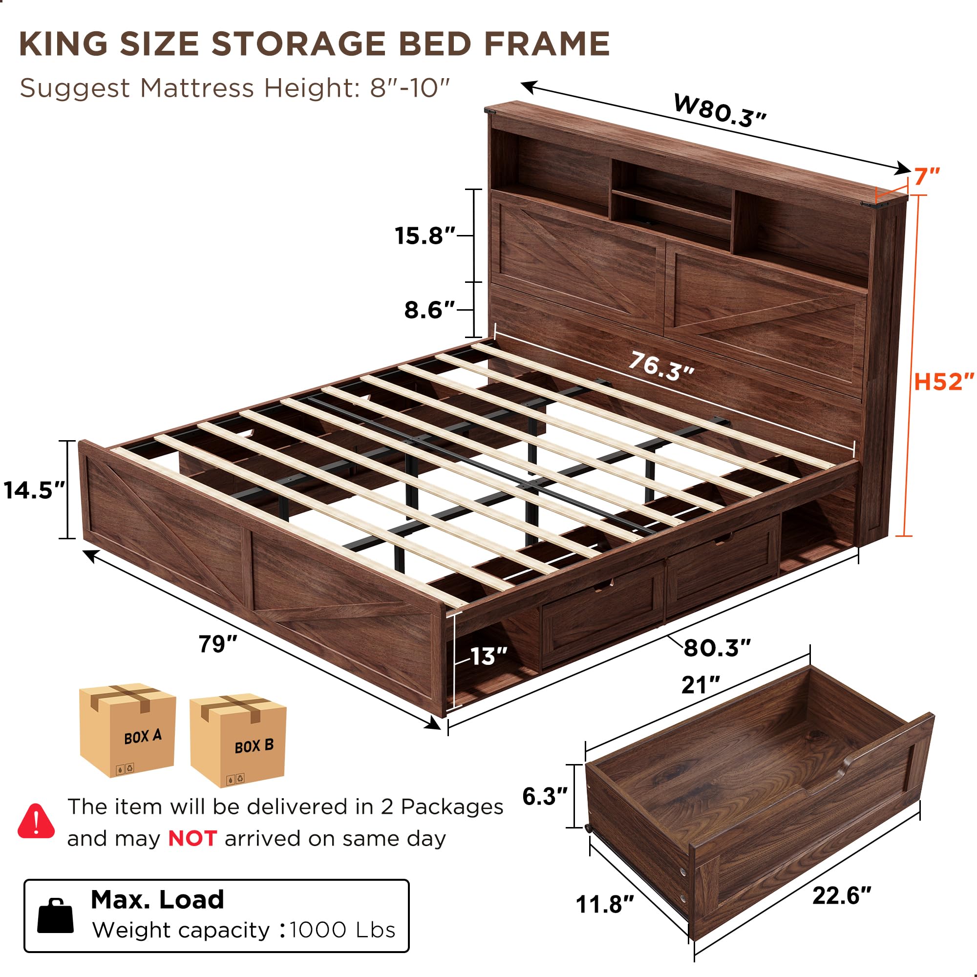 ACCOHOHO Farmhouse Queen Size Bed Frame with 52" Storage Bookcase Headboard and 4 Drawers,Wood Bed Frame with LED Light and Charging Station,Natural Oak