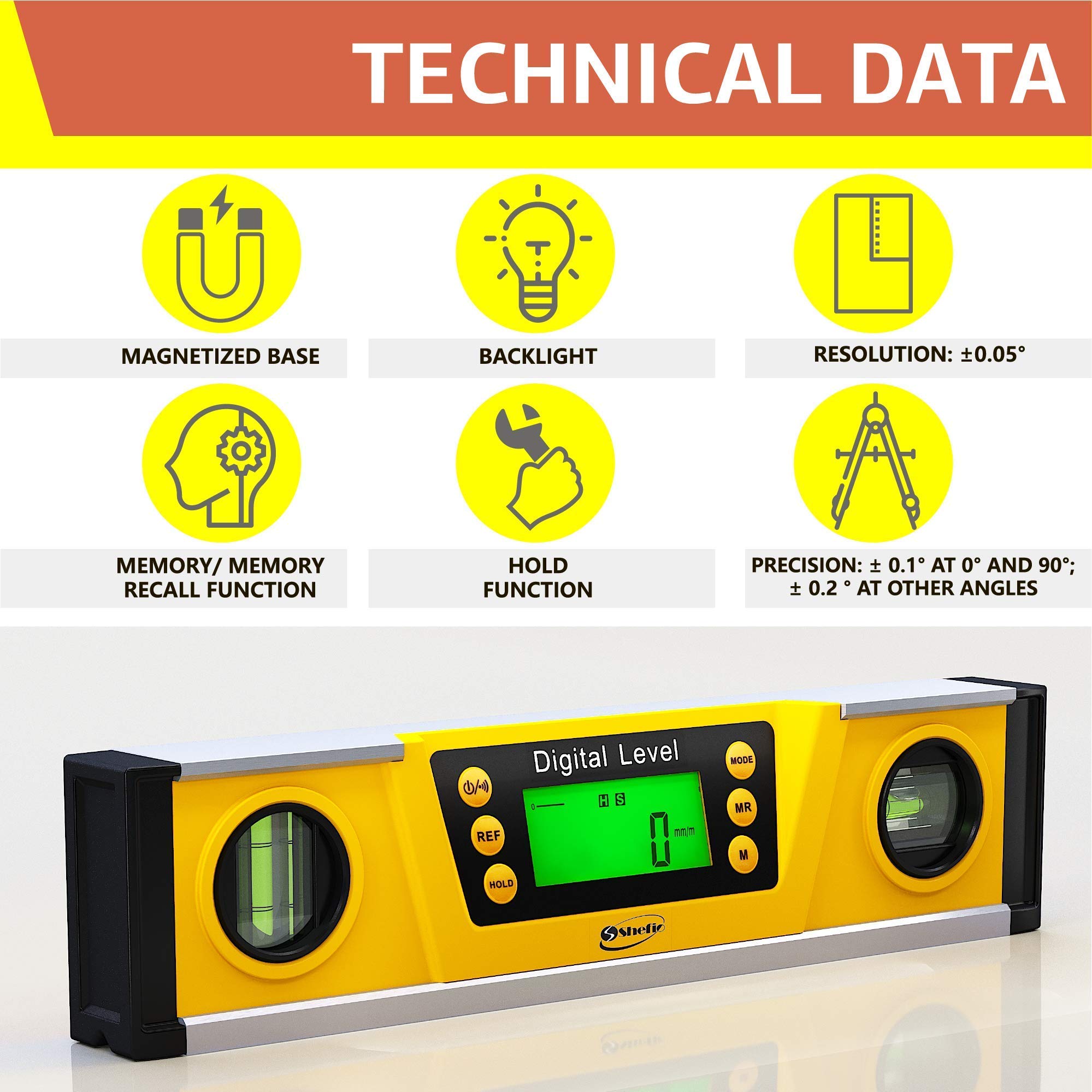 Shefio Digital Level - 10 Inch Torpedo Level And Protractor, Bright Lcd Display, Audio Indicator, Magnetic Base - Includes Batteries And Case