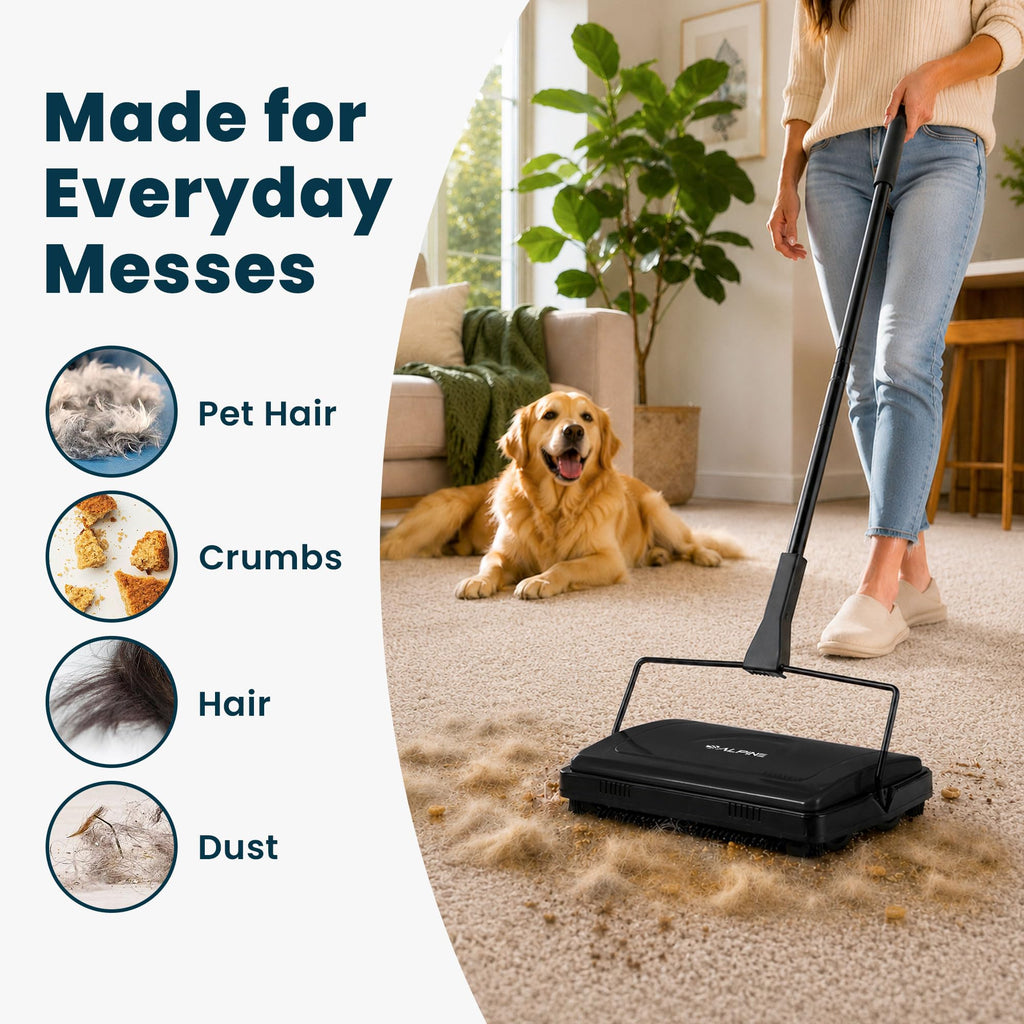 Alpine Manual Carpet Sweeper Triple Brush – Cordless Non Electric Multi-Surface Floor Brush Hardwood Floor Cleaner Easy Sweeping for Carpeted Floors (Improved Black)