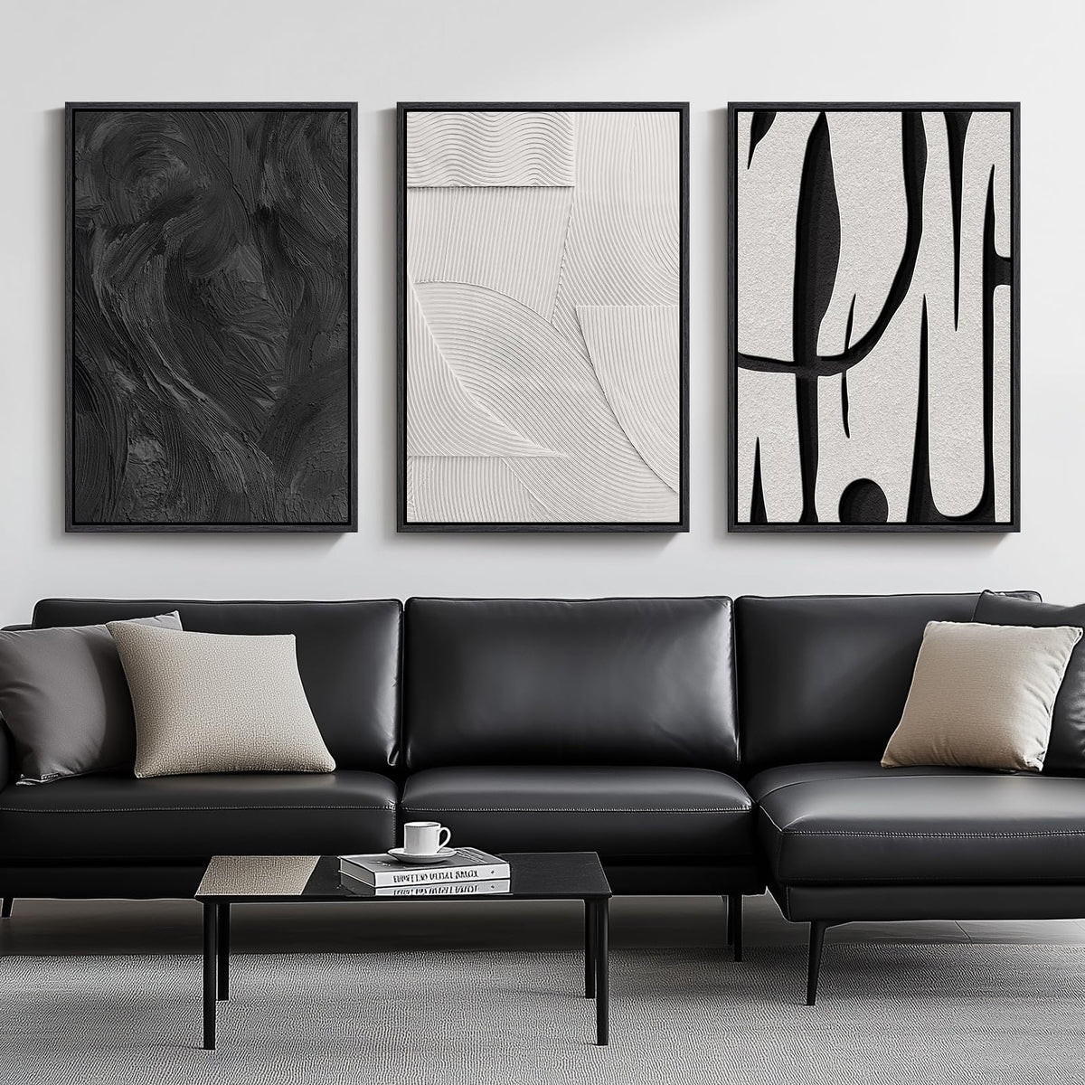 Framed Black and White Modern Abstract Wall Art, 3 Piece Canvas Prints Paintings Artwork for Walls, Minimalist Black White Grey Pictures for Living Room Dining Room Bedroom Office Wall Decor 16x24 In